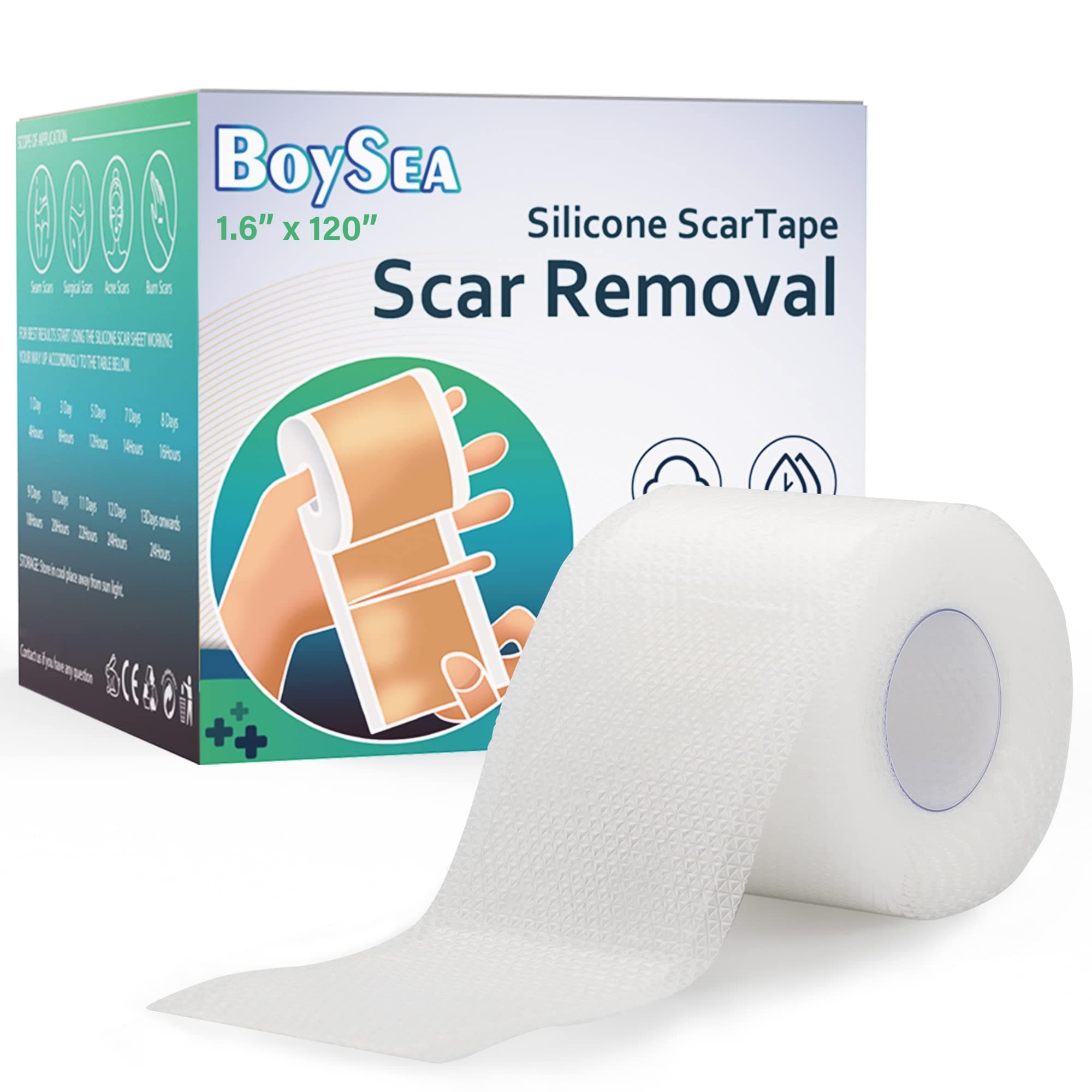 Boysea Silicone Scar Sheets (1.6" x 120" Roll-3M) Upgrade Clear Scar Tape-Elastic Bandage, Scars Removal Treatment - Reusable Silicone Scar Tape Strips for Keloid, C-Section, Surgery, Burn, Acne et