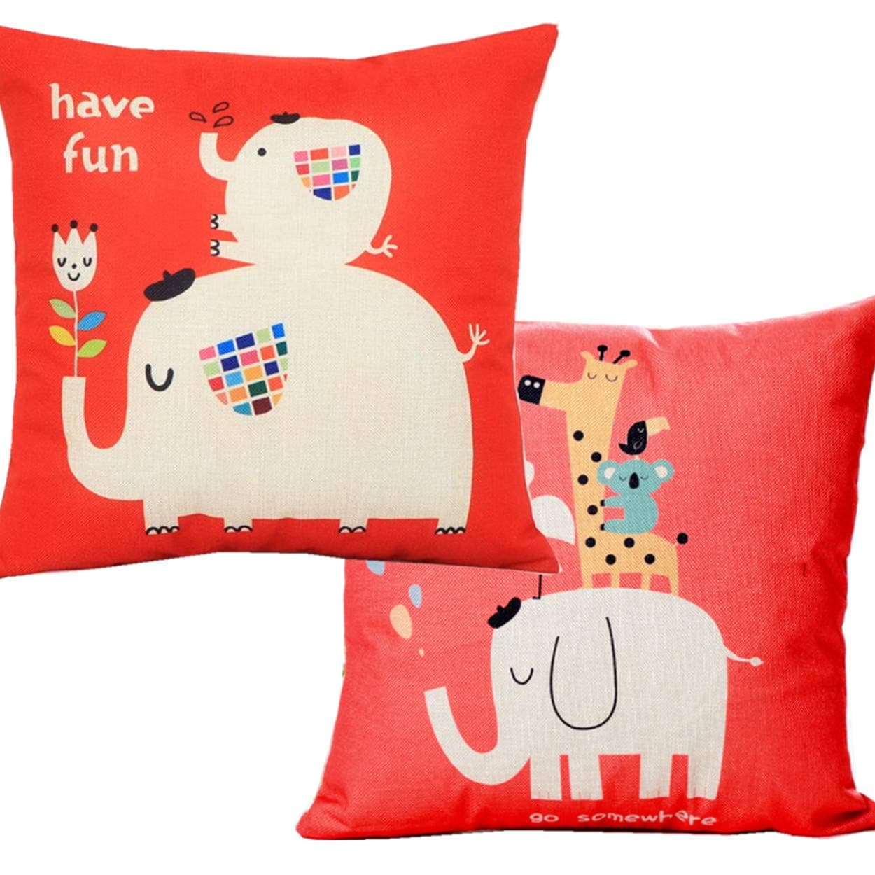 Unibedding Set of 2 Cartoon Throw Pillow Covers Case, Animal Elephant Print Cushion Cover Cotton Linen for Wedding Party Sofa Couch 18 x 18 Inch