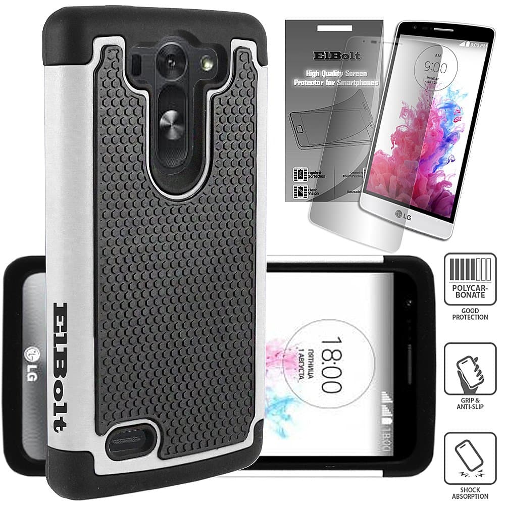 ElBolt LG G3 Vigor / G3 Mini / G3 Beat/ G3s D725 D722 Case - 2 in 1 Bundle Silicon Dual Layer Armor Protective Case Cover Skin - White with Free ElBolt Certified Premium Screen Protector by ElBolt TM