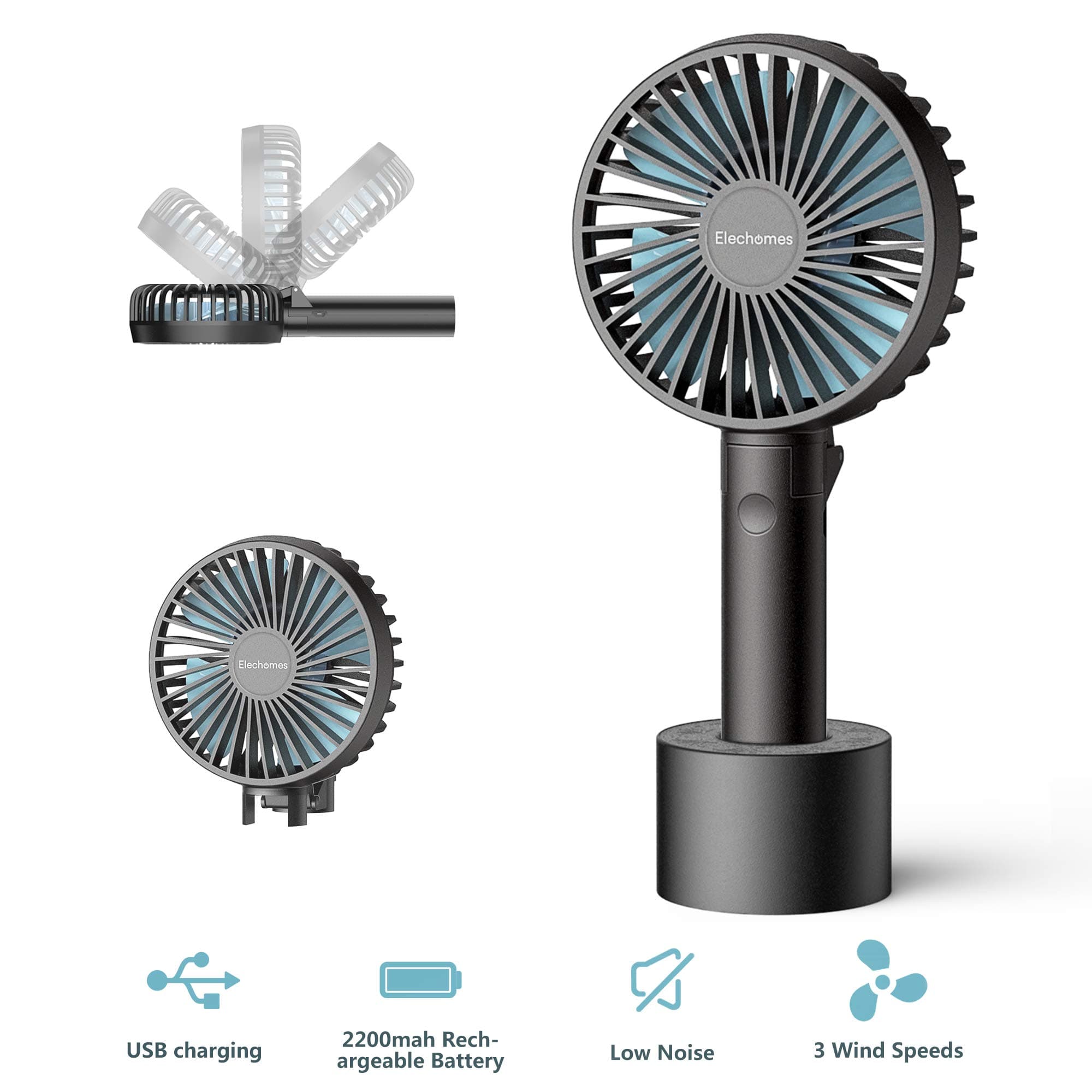 Elechomes Handheld Electric Fans Mini Portable Outdoor Fan with Rechargeable Battery, Mini Size Foldable Handle Desktop Fan for Home Office Outdoor Travel (3 Speeds),1 Pack