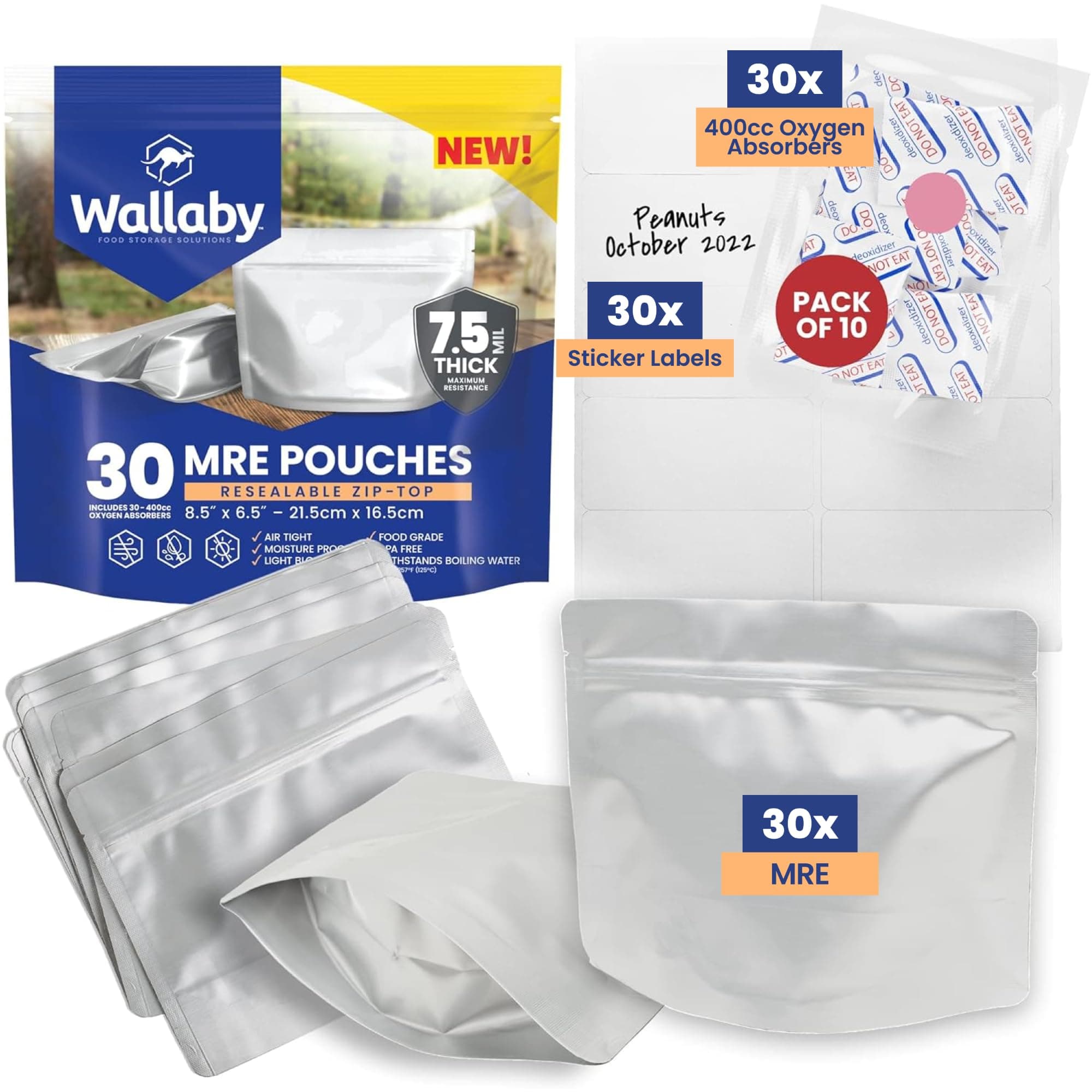 Wallaby MRE Mylar Bag Bundle - 30-pack (7.5 Mil - 6.5 x 8.5’’) Stand-Up Zipper Pouches, 30 Oxygen Absorbers (400cc) - Heat Sealable & Withstand Boiling Water for Long-Term Food Storage & Backpacking