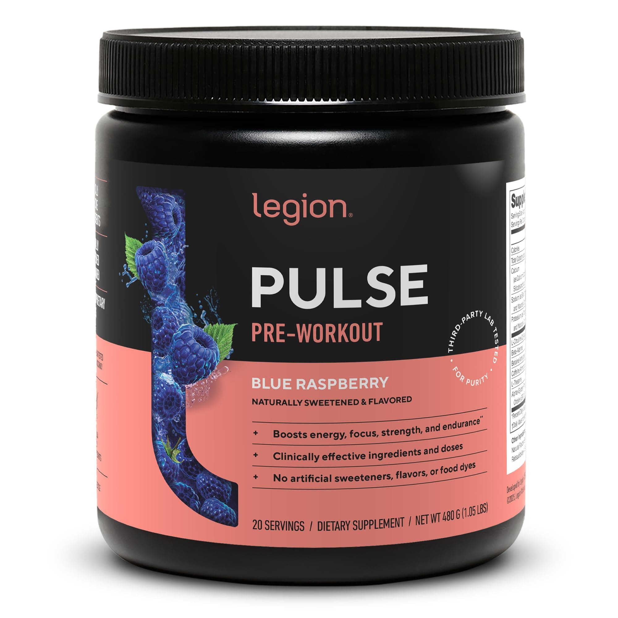 Pulse Pre Workout - All Natural Nitric Oxide Preworkout Drink to Boost Energy, Creatine Free, Naturally Sweetened, Beta Alanine, Citrulline, Alpha GPC (Blue Raspberry)