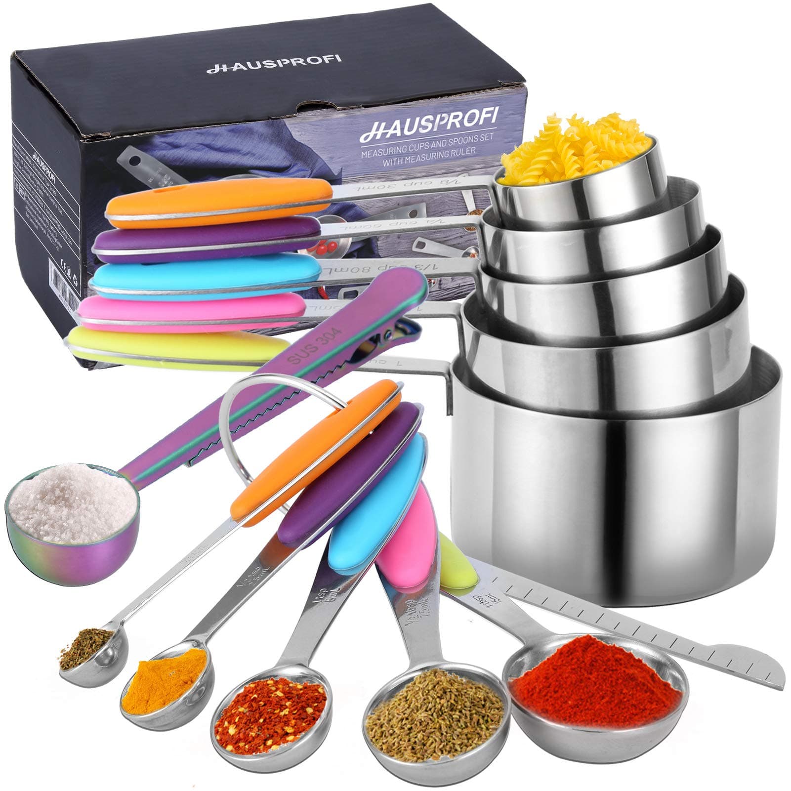 HAUSPROFI Measuring Cups and Spoons Set of 14, Stainless Steel Cup Measurement Set with Measuring Scoop and Clip for Food, Soft Silicone Handle and Ruler, for Baking, Kitchen Cooking, Liquid and Solid