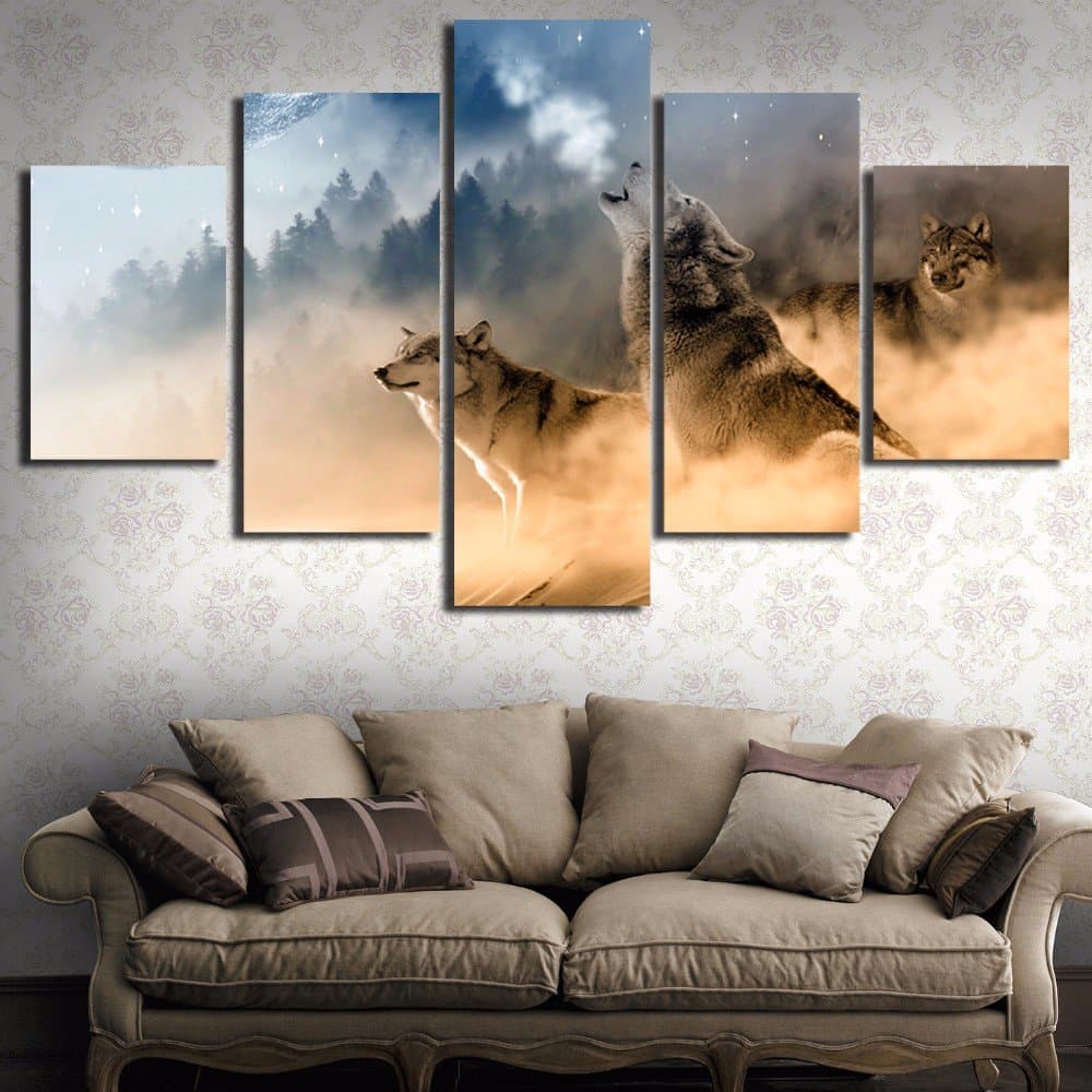 With frame/No frame Wolves 5 Piece Canvas Art Paint By Number Decorative Wall Pictures For Living Room Wall Art Modular Canvas Painting Home Decor,Large,Framed