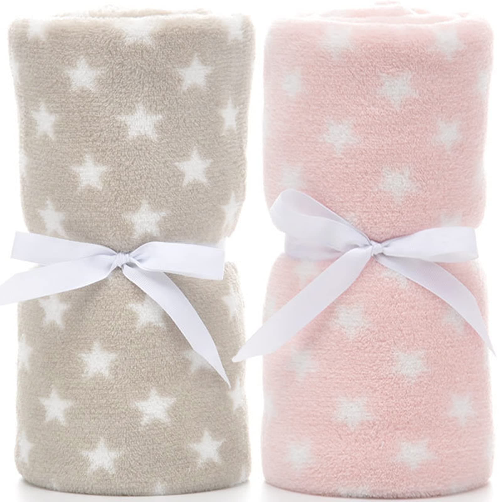 LeerKing 2 Pack Ultra Soft Baby Blankets, Comfortable Coral Fleece Flannel Blankets for Infant Toddler, Gifts for Newborn, 30 x 40 Inches,Brown Star & Pink Star
