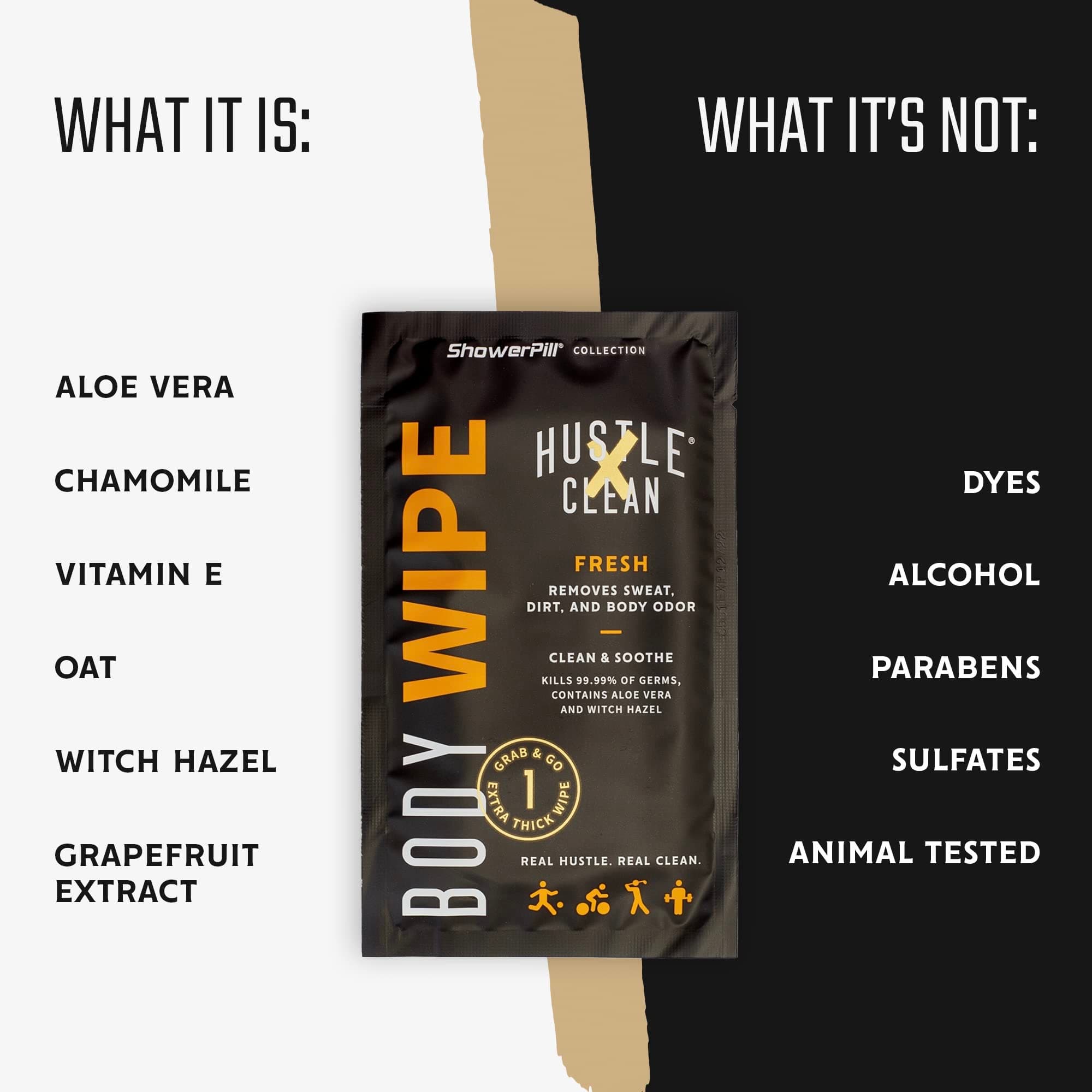 Hustle Clean Body Wipes 9"x8" | 40 Individually Wrapped Shower Wipes - Full Body Cleanse, Removes Sweat, Dirt & Odor | Perfect for Gym, Travel & Camping