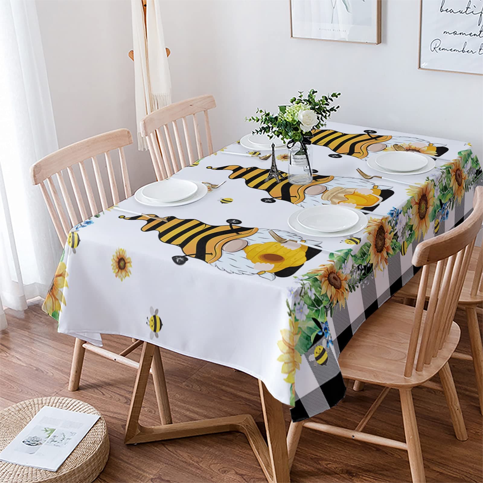 Tablecloth Rectangle/Oval Sunflower Bee Gnome Farm Black Buffalo Plaid Table Cloth Indoor Outdoor Table Cover for Birthday/Party Waterproof Tablecloths for Wedding/Picnic/Camping/Dining 60x84 Inch
