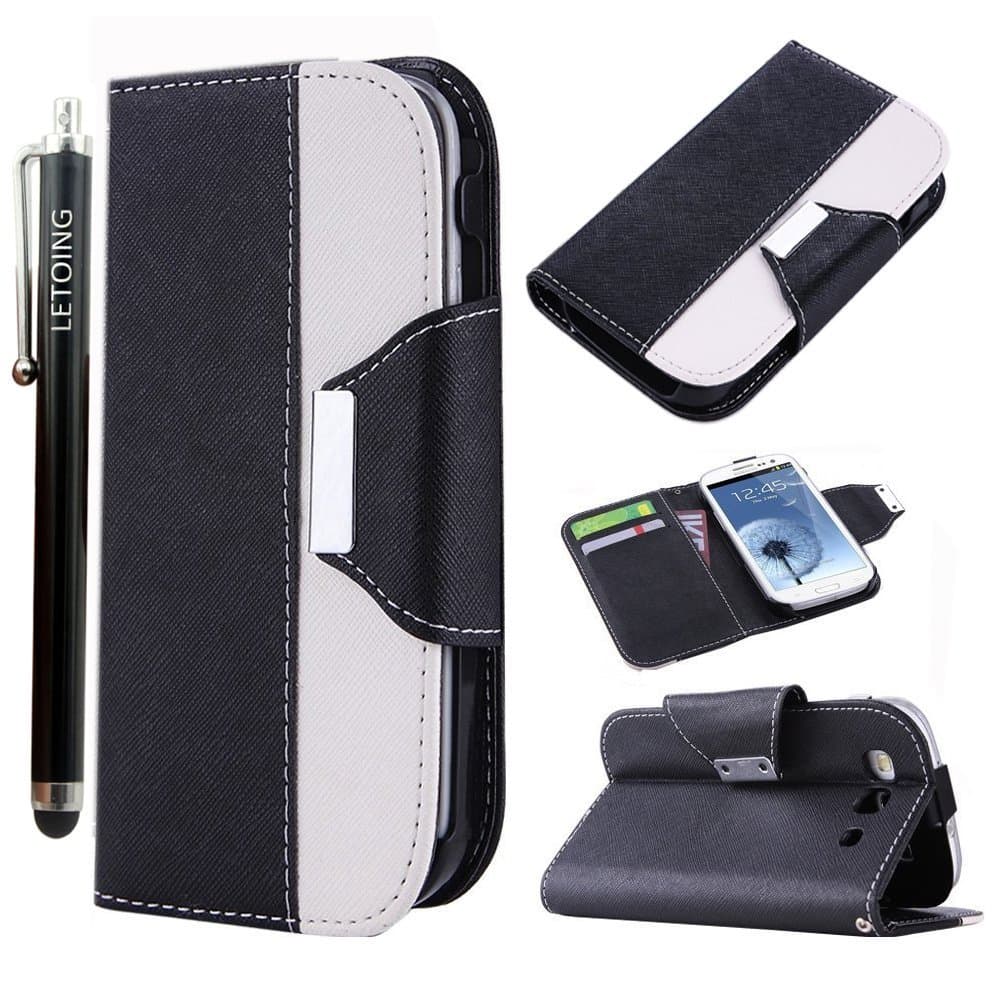 LETOiNG-93PJ69E Wallet Leather Carrying Case Cover With Credit ID Card Slots/ Money Pockets For Samsung Galaxy S3/i9300-Black+White