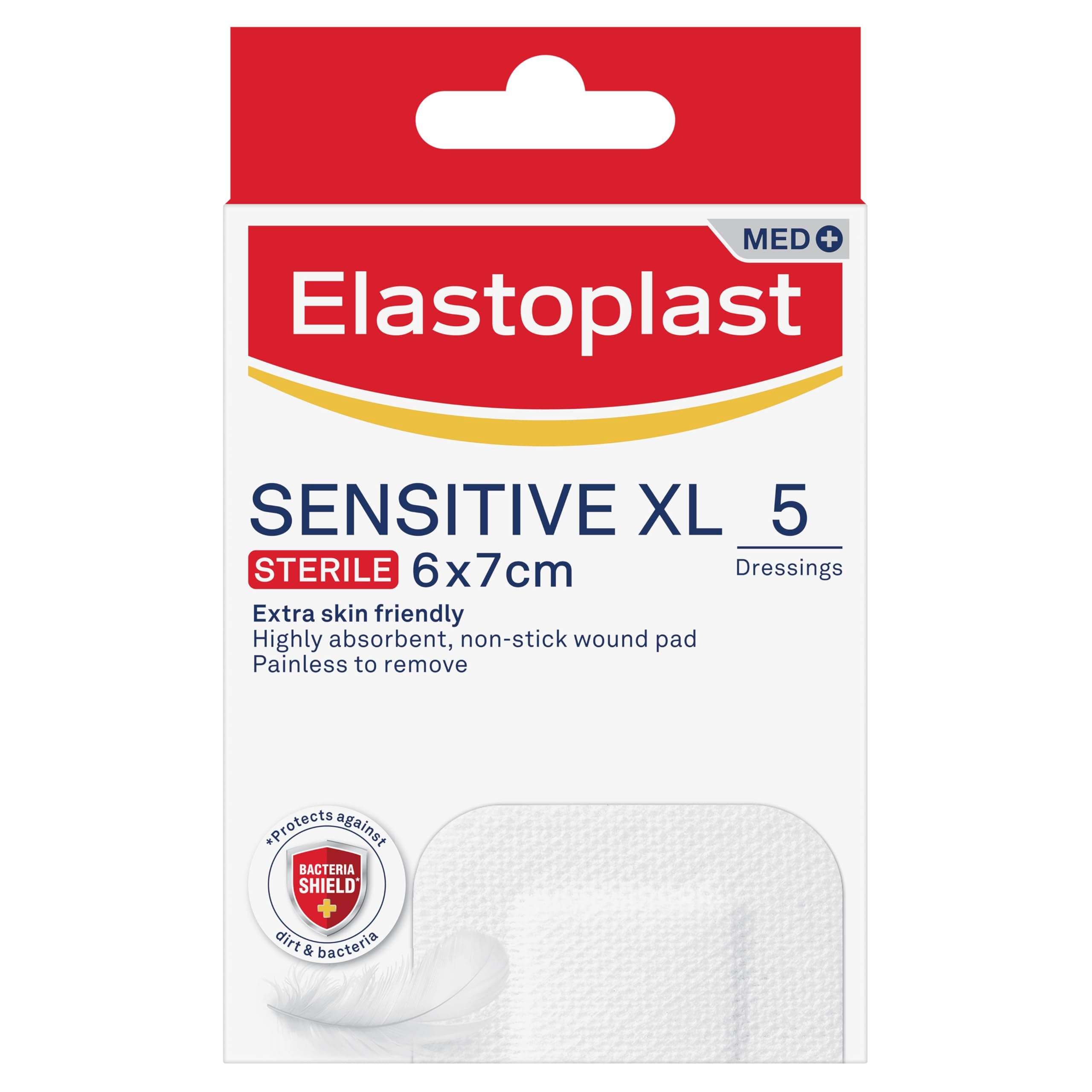 Elastoplast Sensitive XL Med+ Dressings (5 Plasters), Pack of First Aid Plasters, Large Everyday Plasters for Post-Operative Wounds, Skin-Friendly Sterile Dressings for Wounds, 0% Latex, White