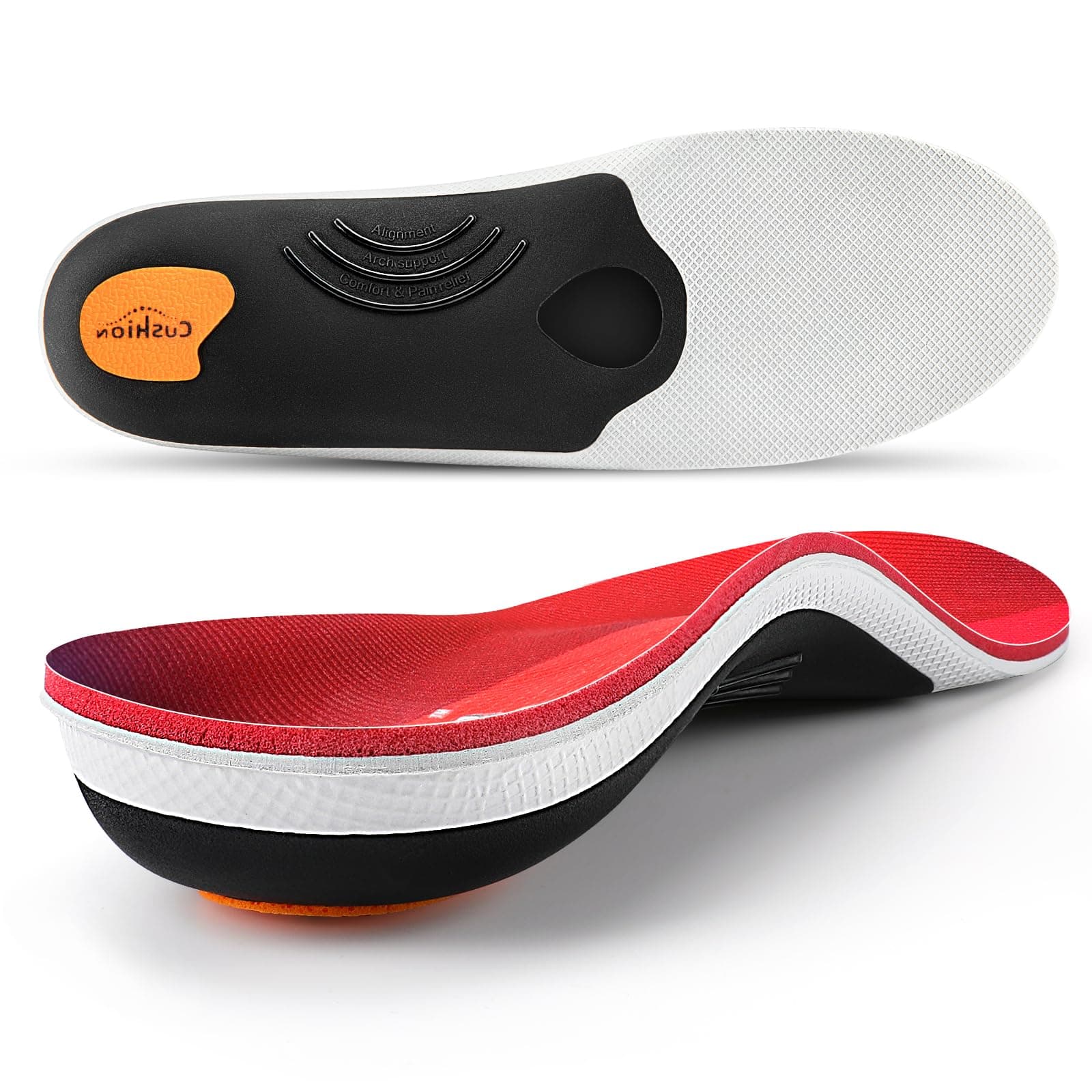 PCSsole Heavy Duty Arch Support Insoles,220+lbs Plantar Fasciitis Orthotic Insoles,Work Boot Shoe Insert for Flat Feet, Heel Pain,Pronation,Foot Pain Relief,Metatarsal Support.29cm Red