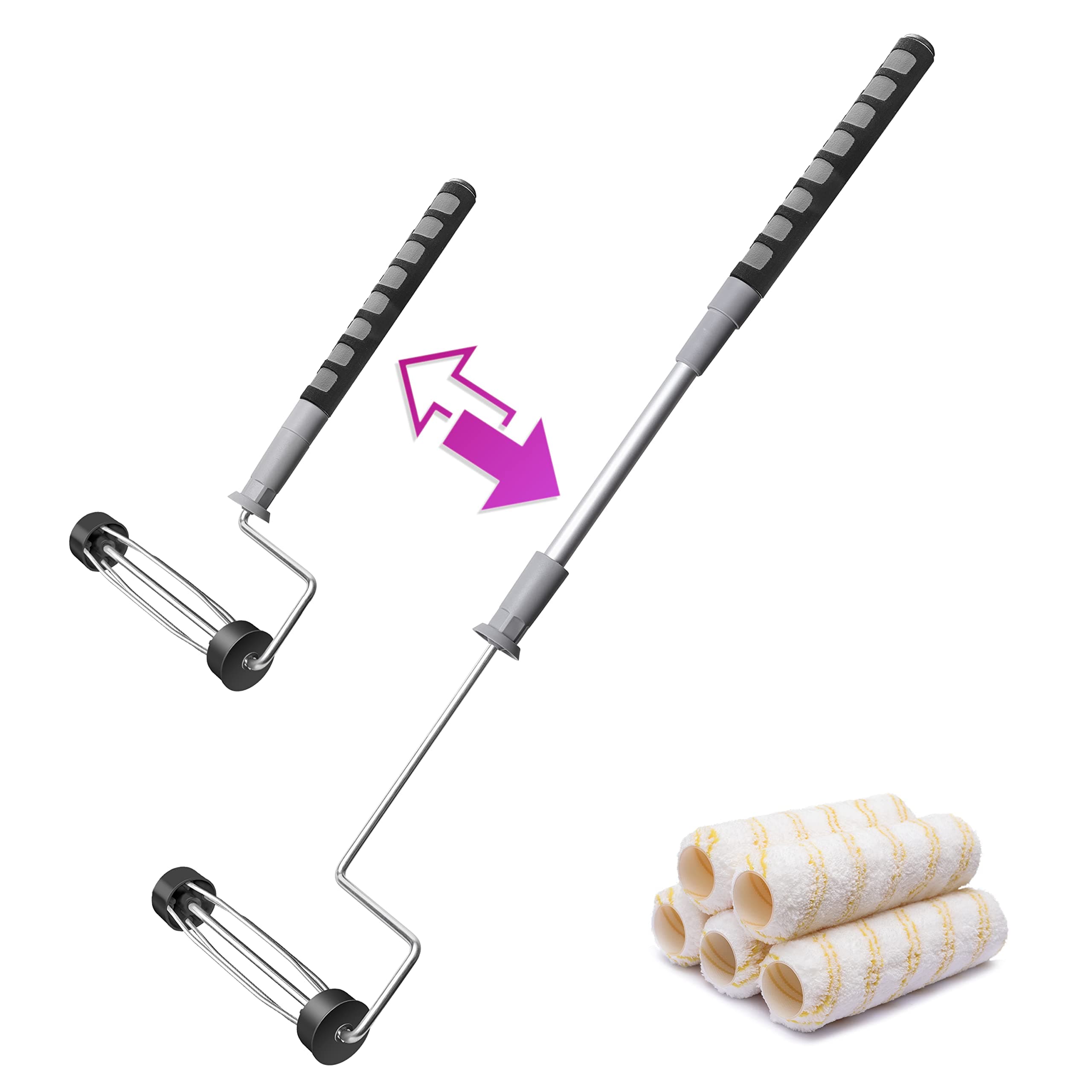 6pcs House Paint Roller Kit, 9 inch Extendable Roller Frame with 5 Microfiber Roller Covers 1/2" Nap, Adjustable Painting Roller (18" - 36") for Walls, Ceilings, Floor, Home Painting Supplies