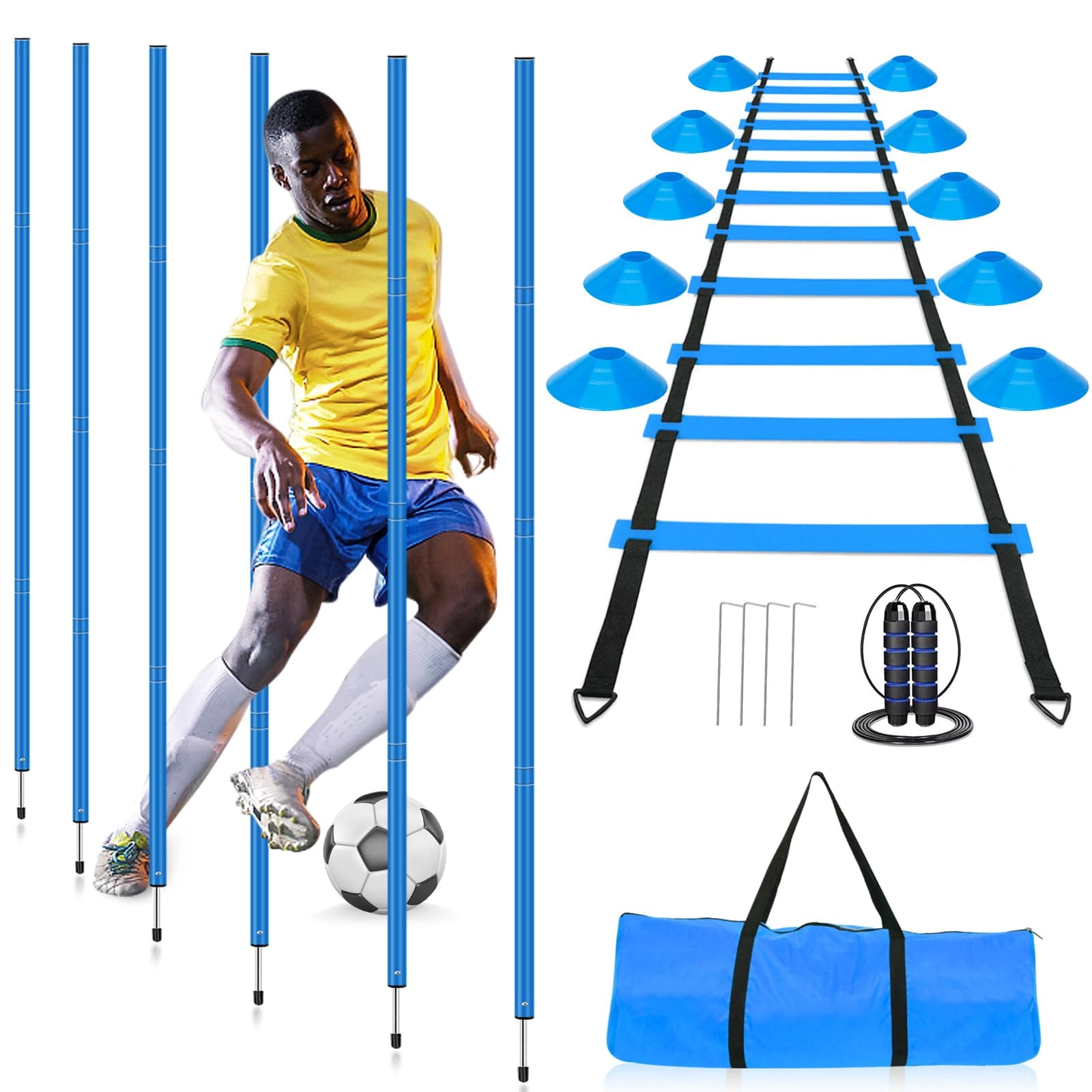 HOTOOLME Agility Training Poles Equipment Soccer Training Equipment Includes 6 Agility Poles,Agility Ladder, 10 Soccer Cones,Jump Rope for Speed Training, Soccer Training, Basketball Athletes & Kids