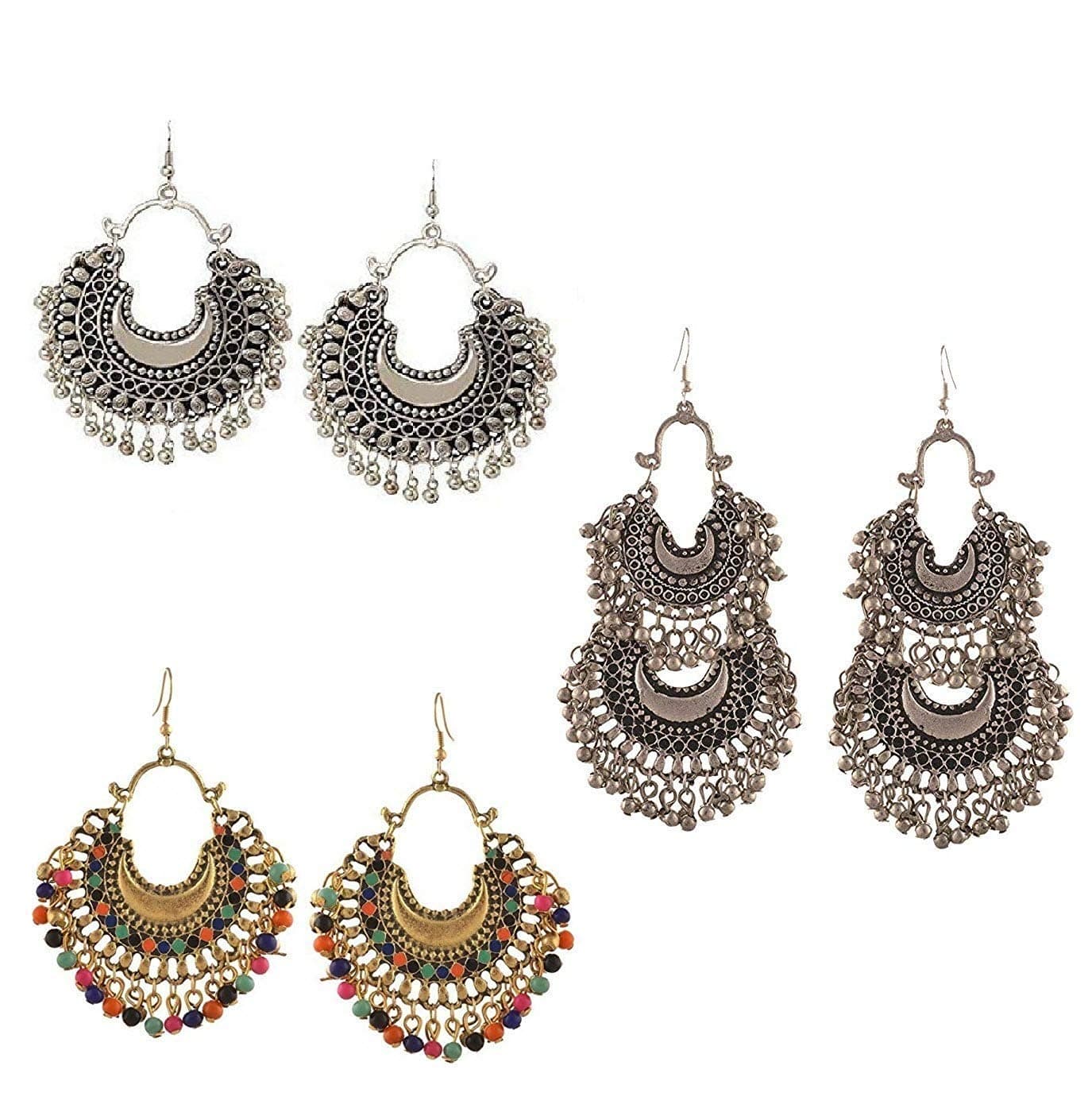 Shining Angel Fashion Factory Afghani Tribal Multicolour Alloy Oxidized Silver Metallic Dangle Chandbali Earrings for Women - Combo of 3