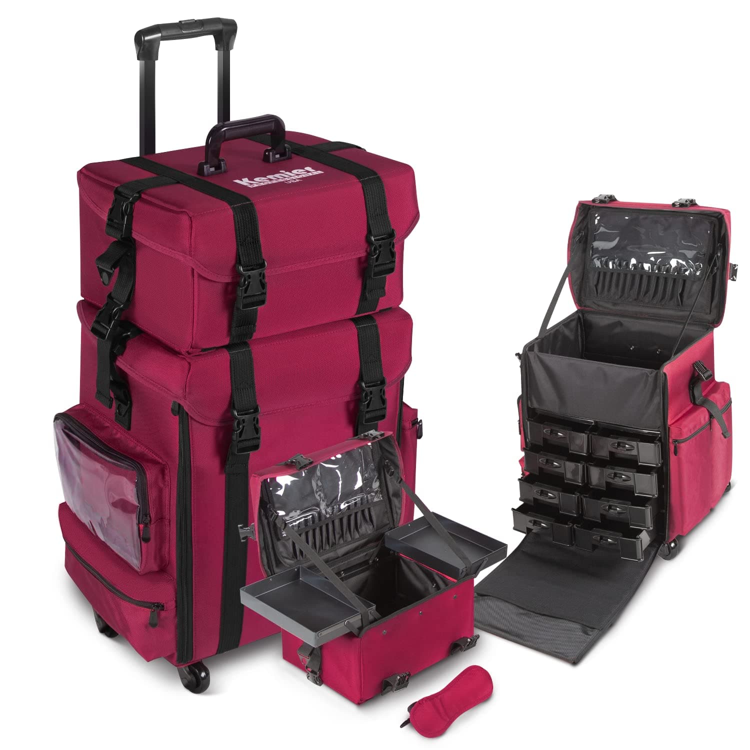 KemierRolling Makeup Train Case - Professional 2 in 1 Soft Sided Nylon Travel Makeup Case Artist Cosmetic Organizer Storage with Wheels Drawers