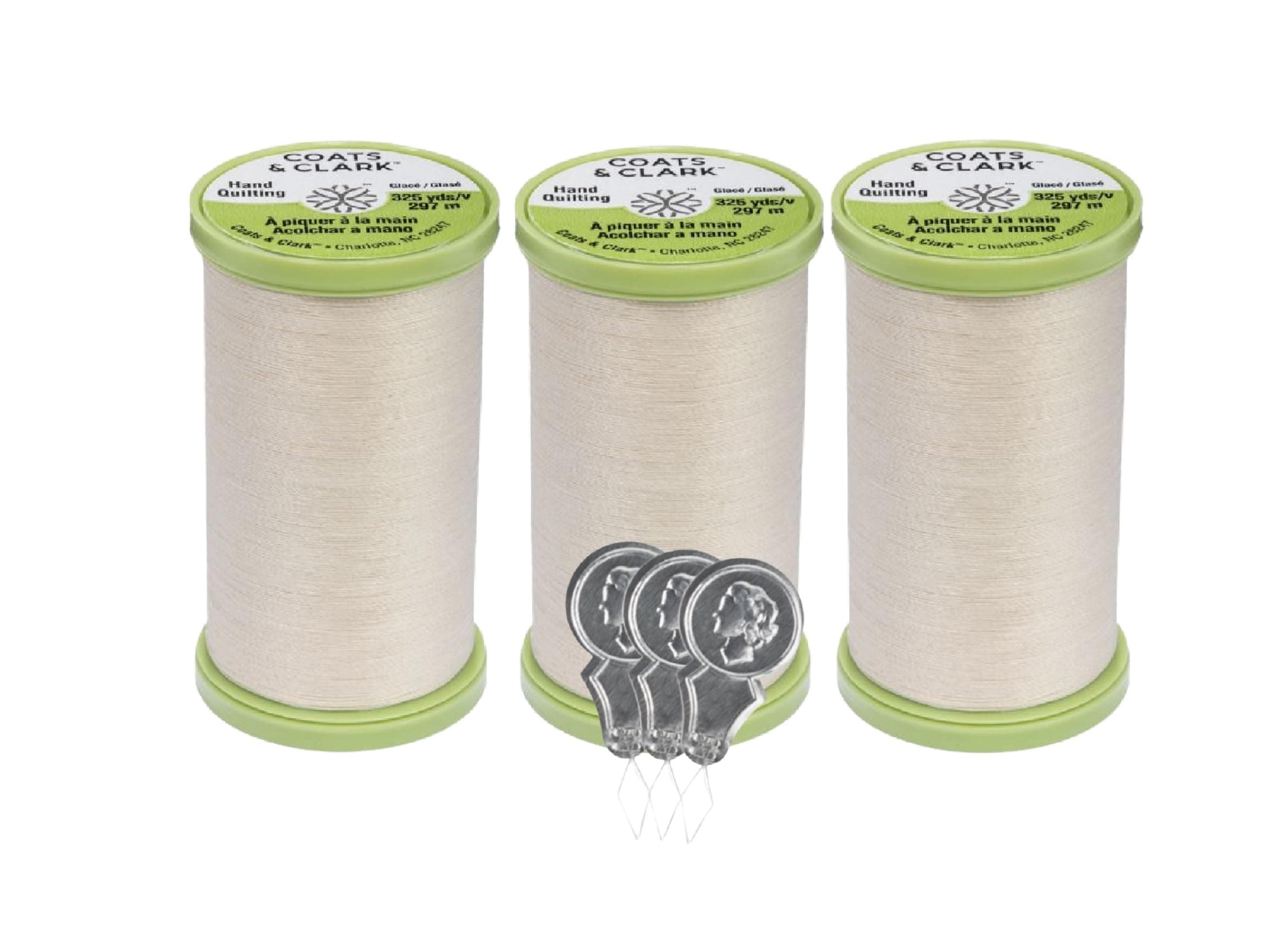 Coats & Clark Hand Quilting Sewing Thread Cotton Covered Polyester 325 Yards S960 3 Pack Bundle with 3 Bella's Crafts Needle Threaders (Natural)