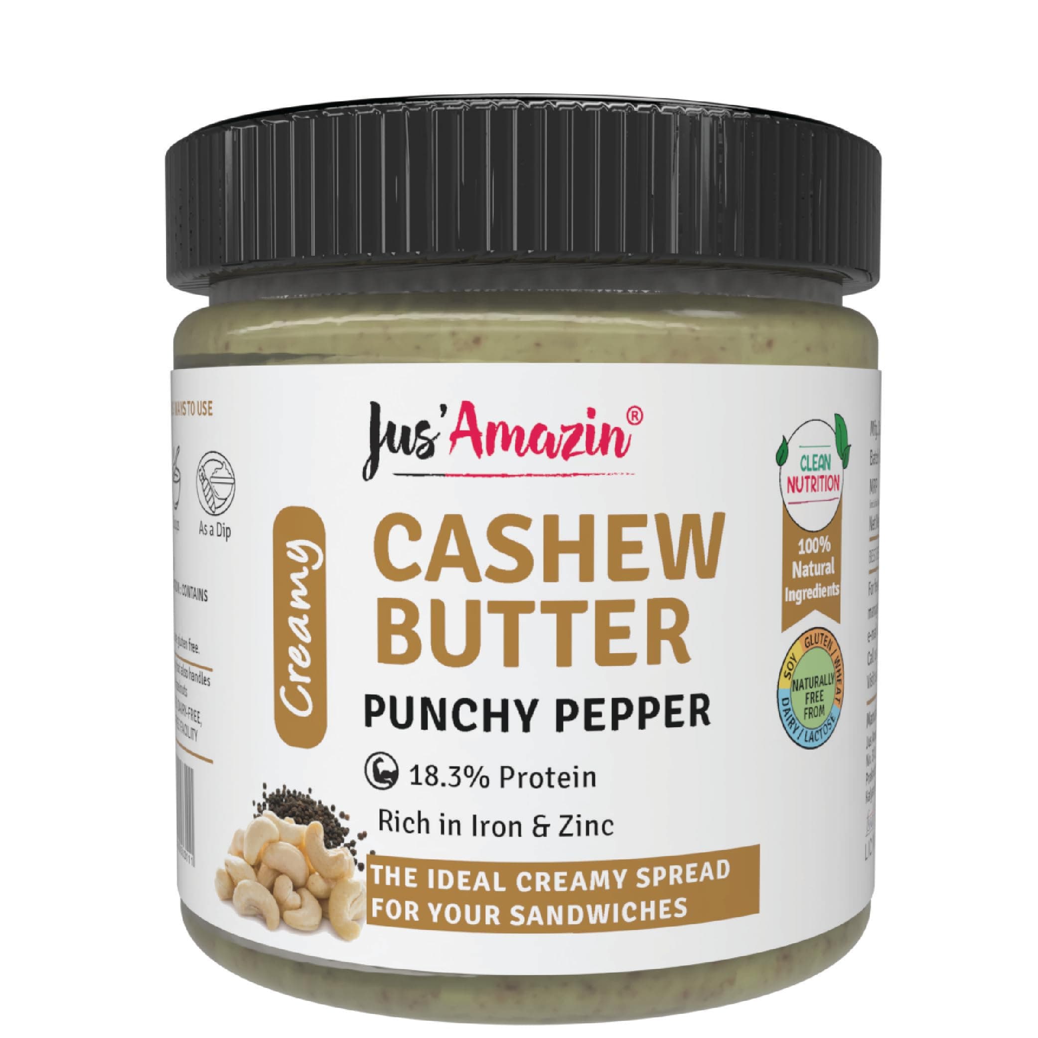 Jus' Amazin Creamy Cashew Butter – Punchy Pepper (200g) | 18% Protein | Plant-Based Nutrition | Zero Chemicals | Dairy-Free | 100% Natural