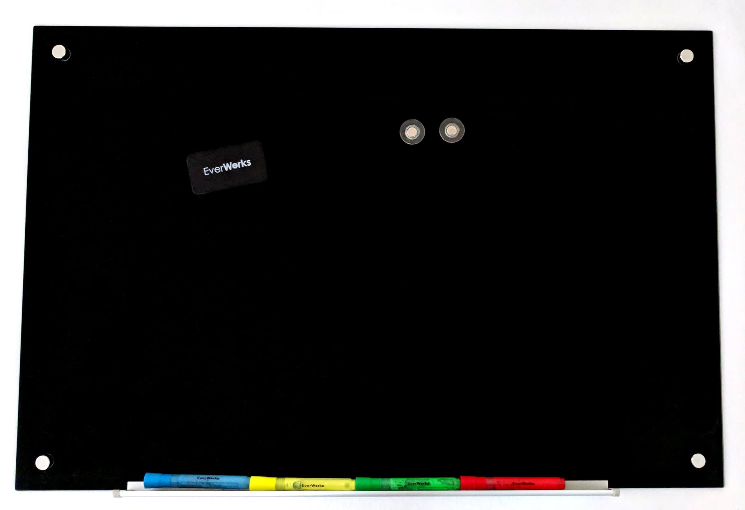 Modern Magnetic Frameless Jet Black Dry Erase Glass Whiteboard Set 23 5/8 inches x 35 1/2 inches (Includes 1 Magnetic Eraser, 2 Magnets, and 1 Mounting Template)- Everworks
