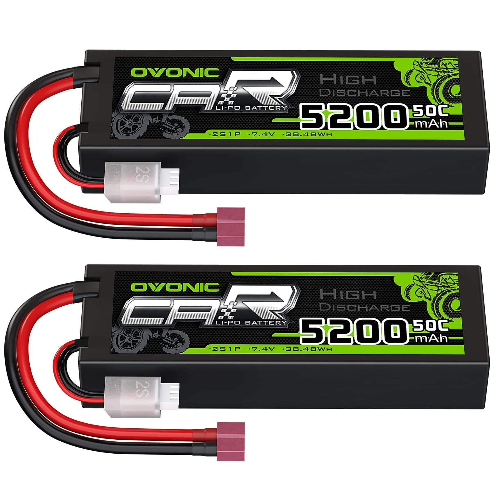 OVONIC 2s Lipo Battery 5200mAh 7.4V Lipo Battery with Dean-Style T Connector for Car Truck Boat Vehicles (2 Packs)