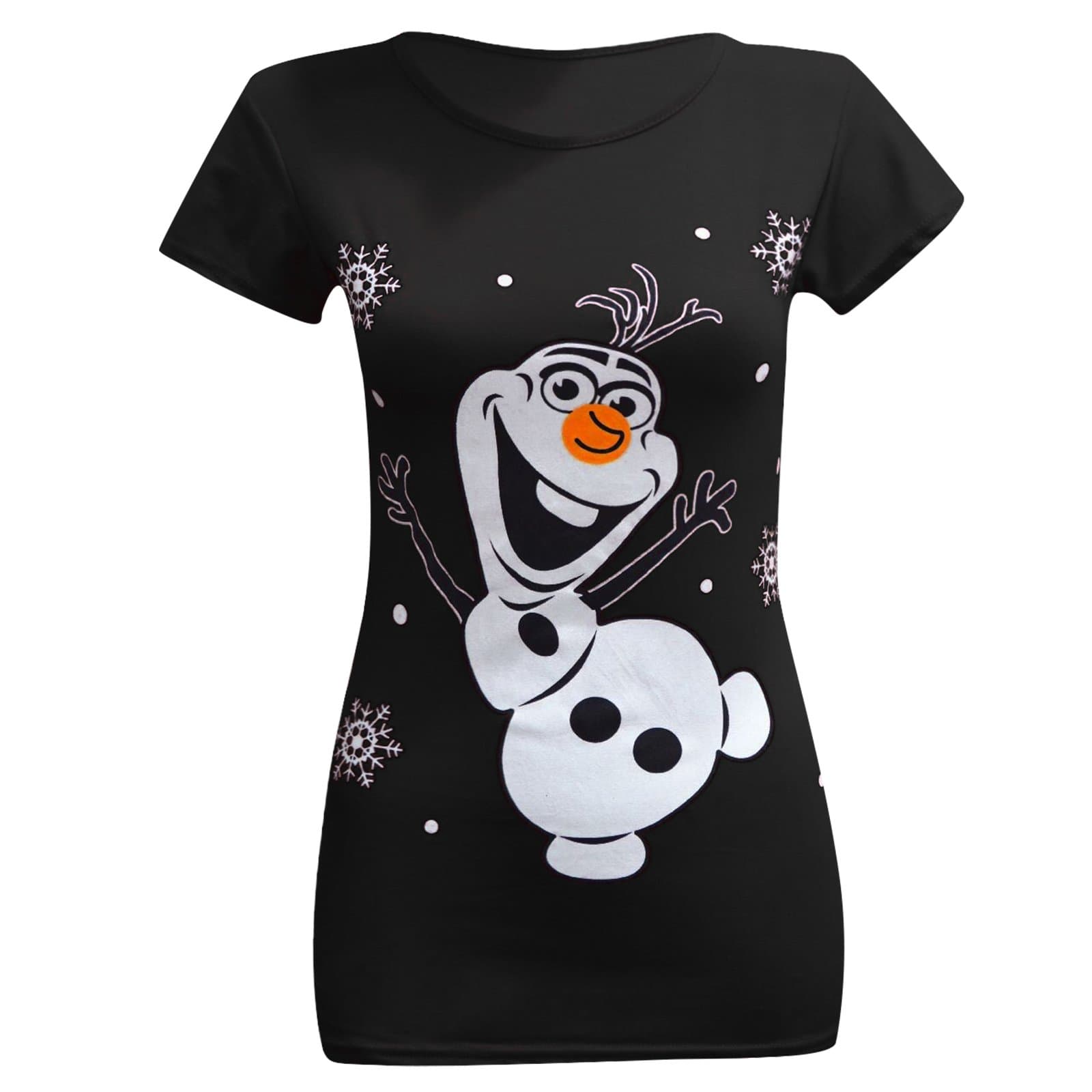 Ladies Womens Christmas Xmas T-Shirt Tee Olaf Frozen Snowman Funny Novelty Festive Print Girls Short Sleeve Slim Top (M/L, Black)
