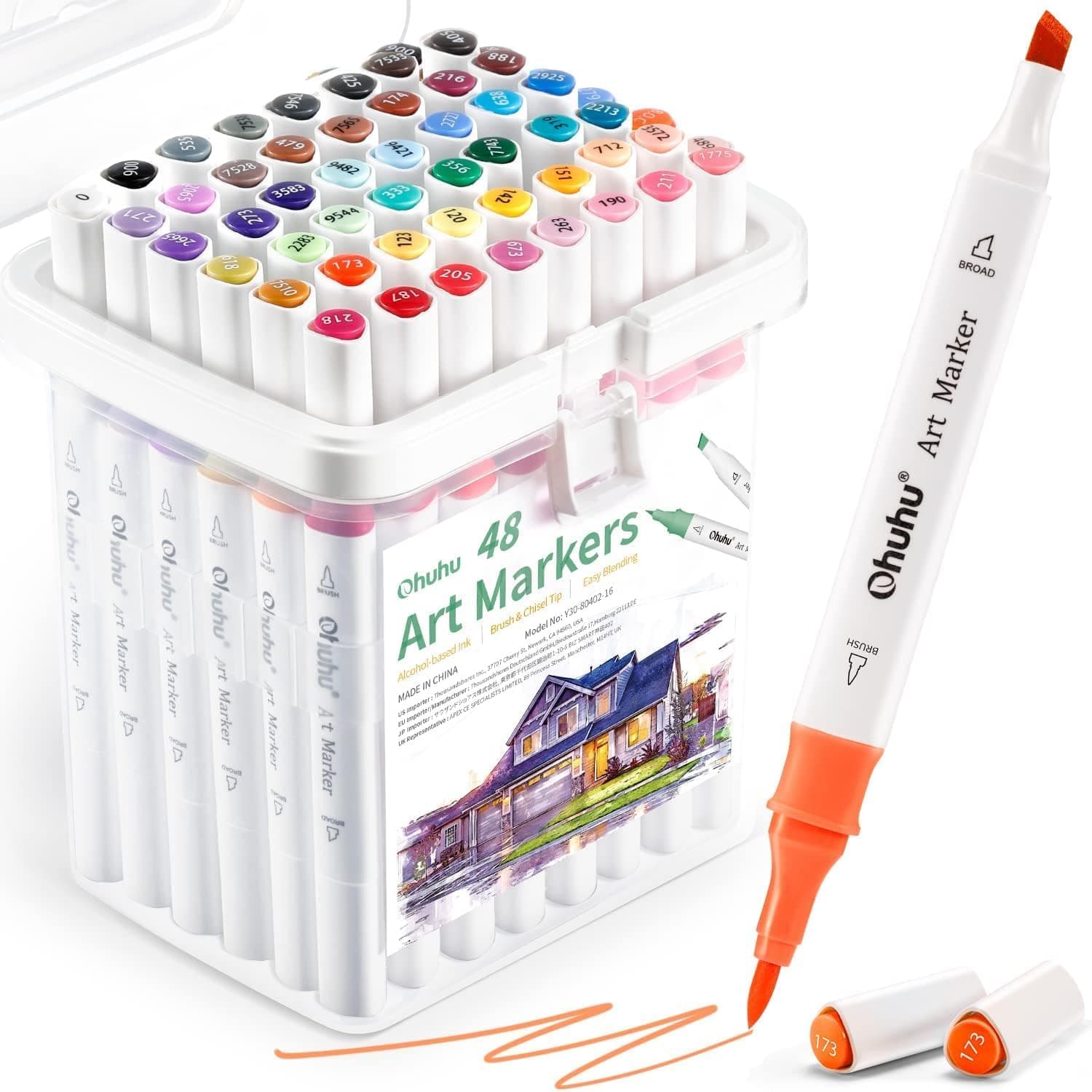 Ohuhu Brush Markers Alcohol Based: Double Tipped Art Sketch Drawing Marker for Artists Adults Beginners Coloring Landscape Architectural Design - Brush& Chisel - 48-color w/Marker Storage Case