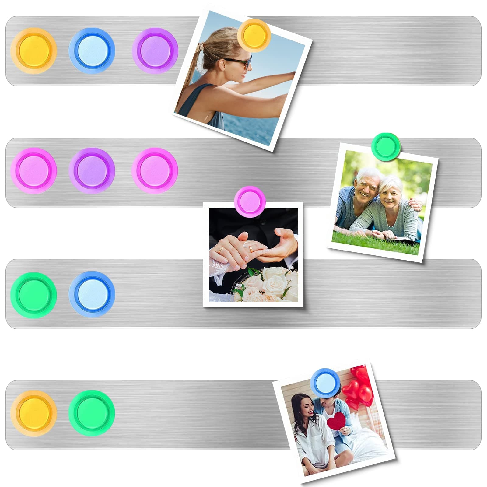 LINXIU Frameless Magnetic Stainless Iron Board Strips, Adhesive Backing Bulletin Bar Board with 10 Pieces Colorful Magnet, Memo Strip for Office Home 4Pcs