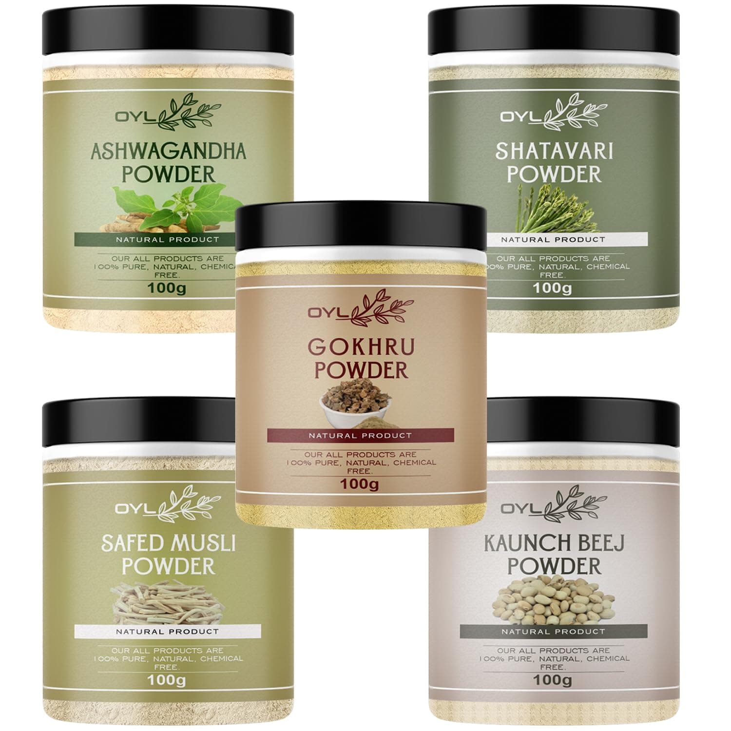 OYL Natural Ashwagandha, Shatavari, Safed Musli, Kaunch Beej, Gokhru Powder Combo Packs - 500g (100g Each Pack Of 5)