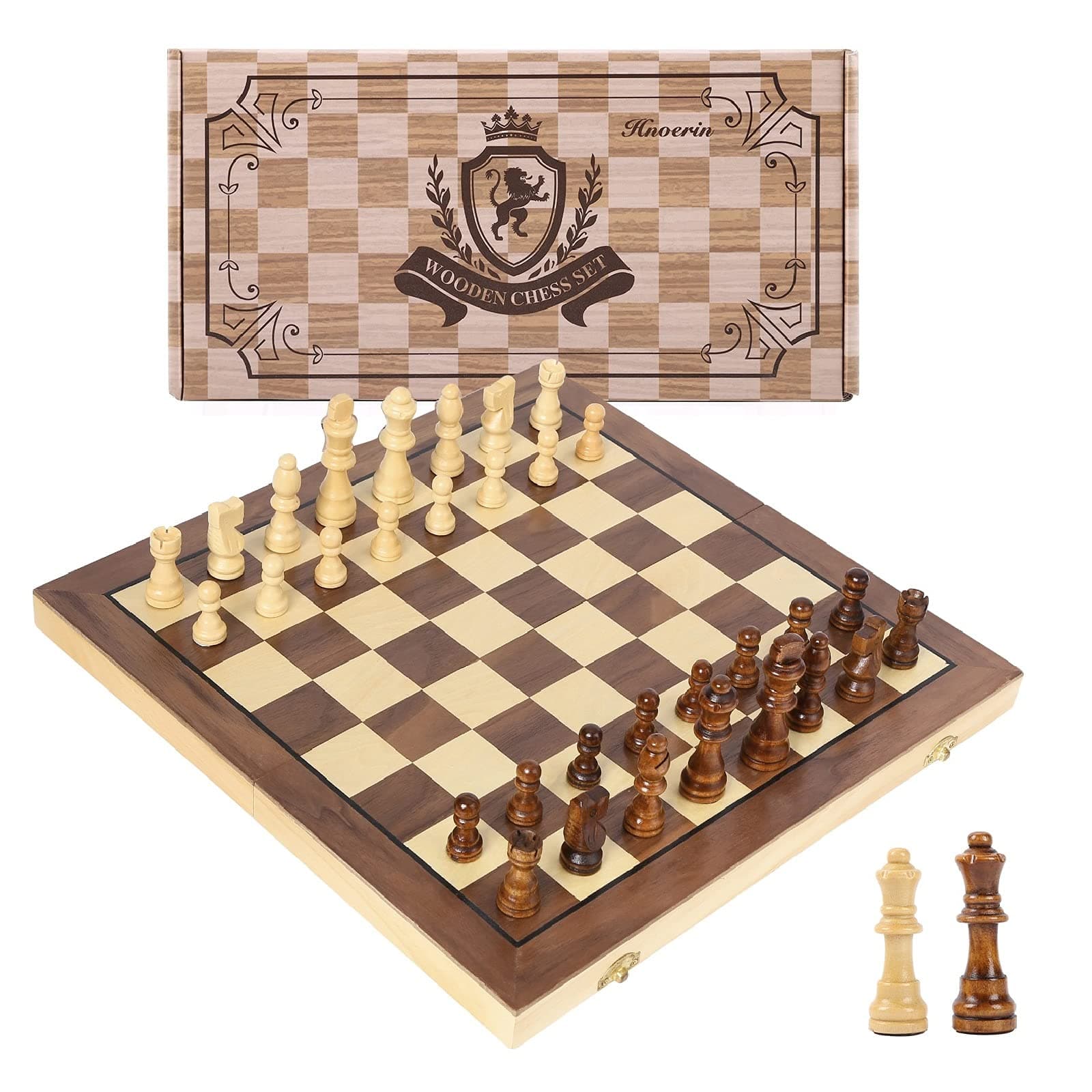 15 Inches Magnetic Chess Set Large Folding Wooden Chess Board Handmade Staunton Style Chess Pieces Interior Storage for Pieces