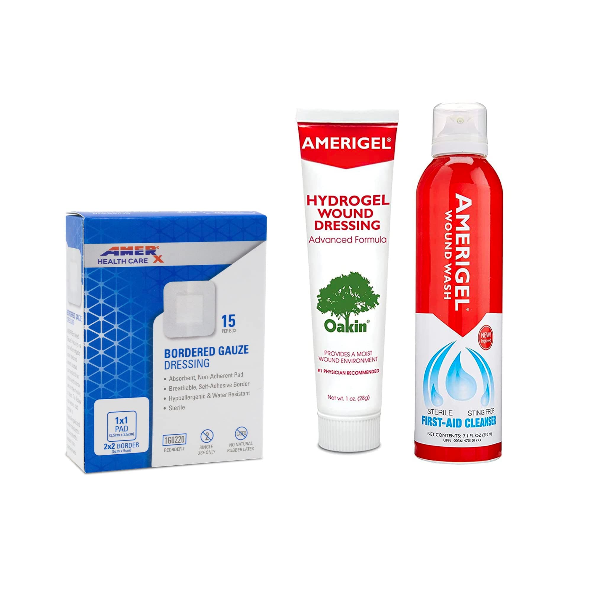 - AMERIGEL Total First Aid Bundle (1 oz. Hydrogel Wound Dressing, 7.1 oz. Saline Wound Wash, Bordered Gauze Dressing)