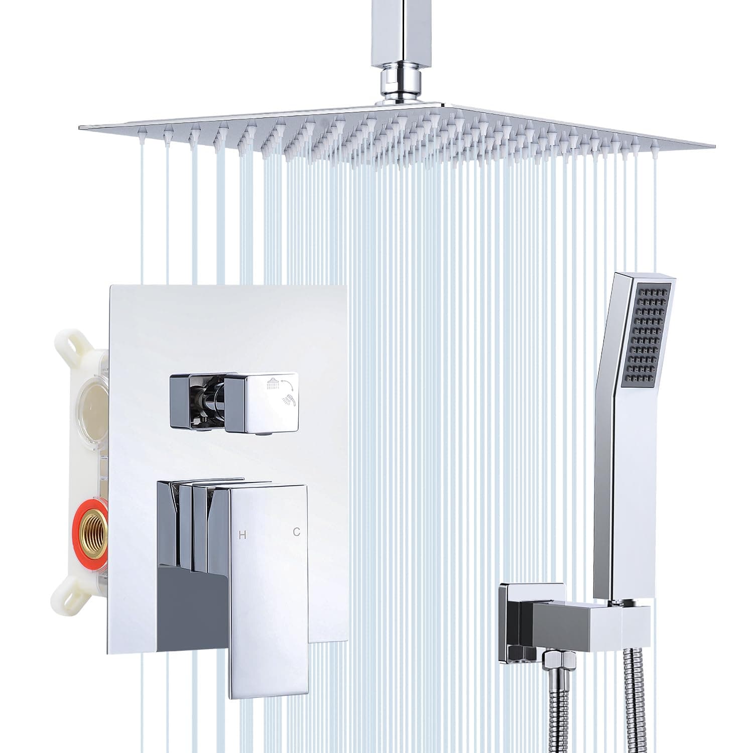 HGN 10 Inch Ceiling Mount Shower Faucet Set Square Showerhead Bathroom Rainfall Shower System SUS304 Stainless Steel Shower Trim Kit (Chrome), 16*20*13 (HGN-PTAZ-DD-001C-10)