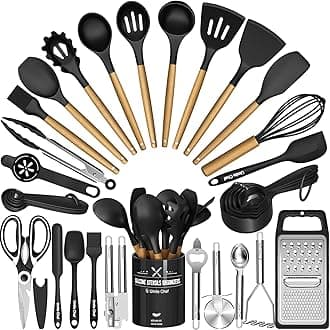Umite Chef Kitchen Utensils Set- 34PCS Silicone Cooking Utensils with Holder, Heat Resistant Kitchen Utensil Spatula Set for Nonstick Cookware, Black Wooden Handles Kitchen Gadgets Tools Set
