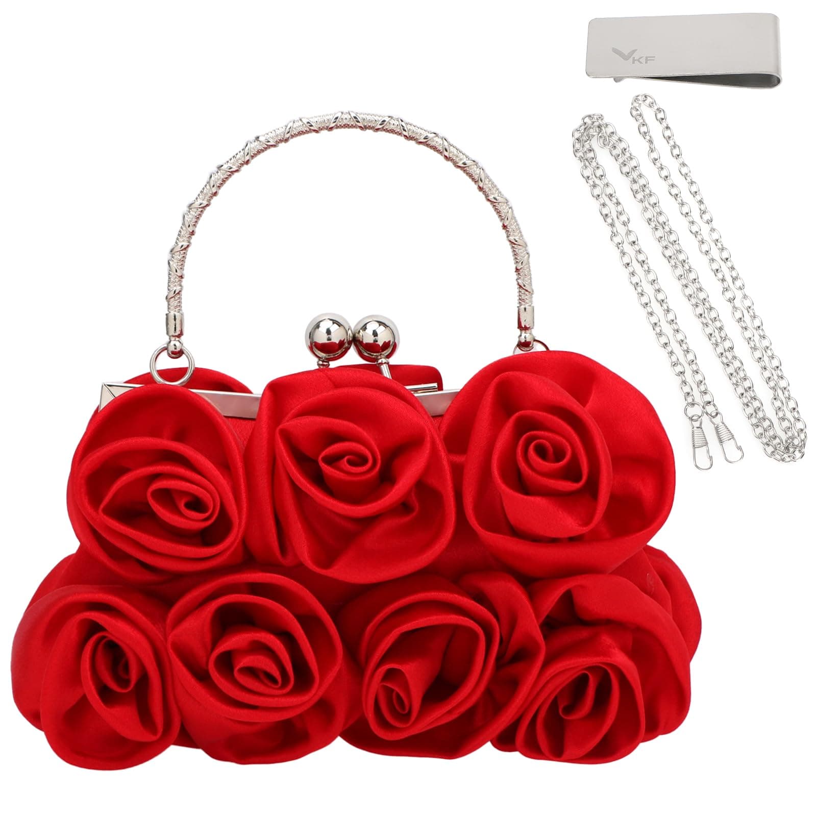 kiloflyRose Clutch Evening Purse Satin Small Bag with Detachable Strap Money Clip