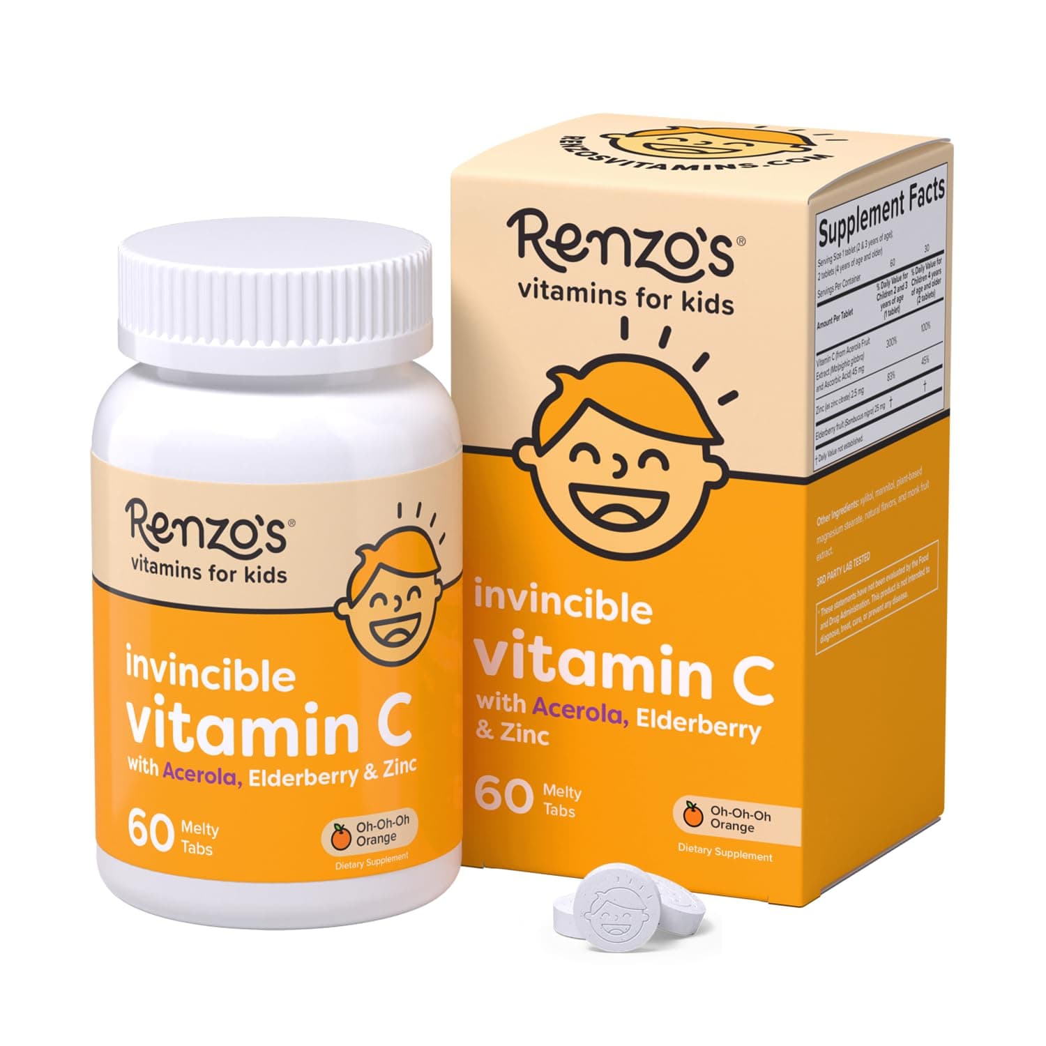 Invincible Kids Vitamin C with Elderberry Vitamin C and Zinc, Dissolvable Kids Vitamins for Immune Support, Sugar-Free Melty Tabs, Orange Flavor, 60-Count (1-2 Month Supply)