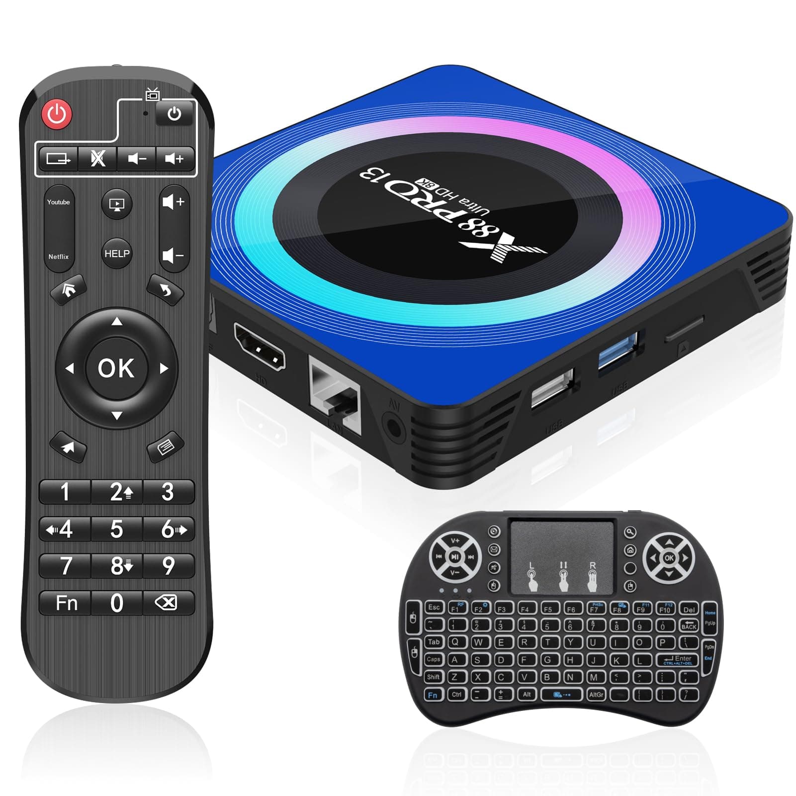 Android 13.0 TV Box, TV Box 8k HD with RK3528 Quadcore 4GB RAM 32GB ROM 2.4Ghz/5.0Ghz Dual WiFi & BT 5.0, Smart Box Support Multi-Lingual with LAN Ethernet 10/100M with Mini Backlit Keyboard