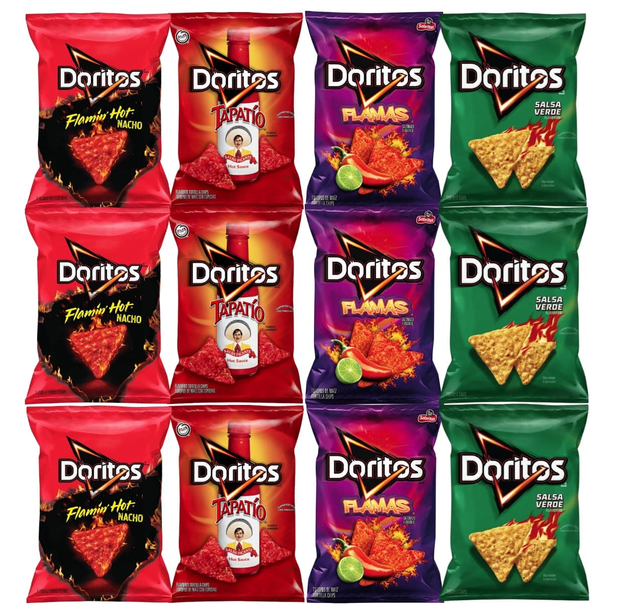 Doritos Hot & Spicy Variety Pack 12 Count, 2.5 oz each (3x Doritos Flamin Hot Nacho Cheese, 3x Doritos Tapatio, 3x Doritos Flamas, 3x Doritos Salsa Verde) great for family, school, office snacks