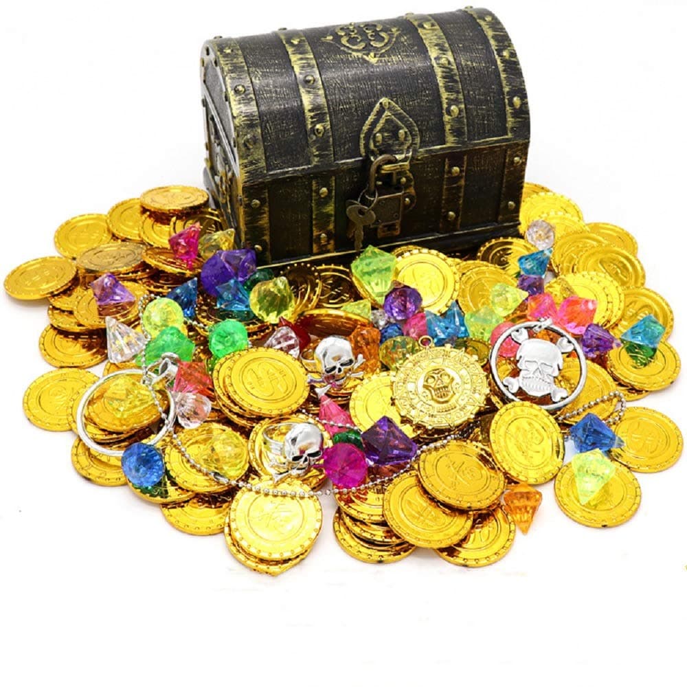 Kids Pirate Treasure Chest Toy Box Antique Color with Lock for Party Favors Props Decoration/Kids Storage Treasure Chest with (100 Plastic Gold Coins+100g Gems+2Earrings+2Rings+1Necklace)