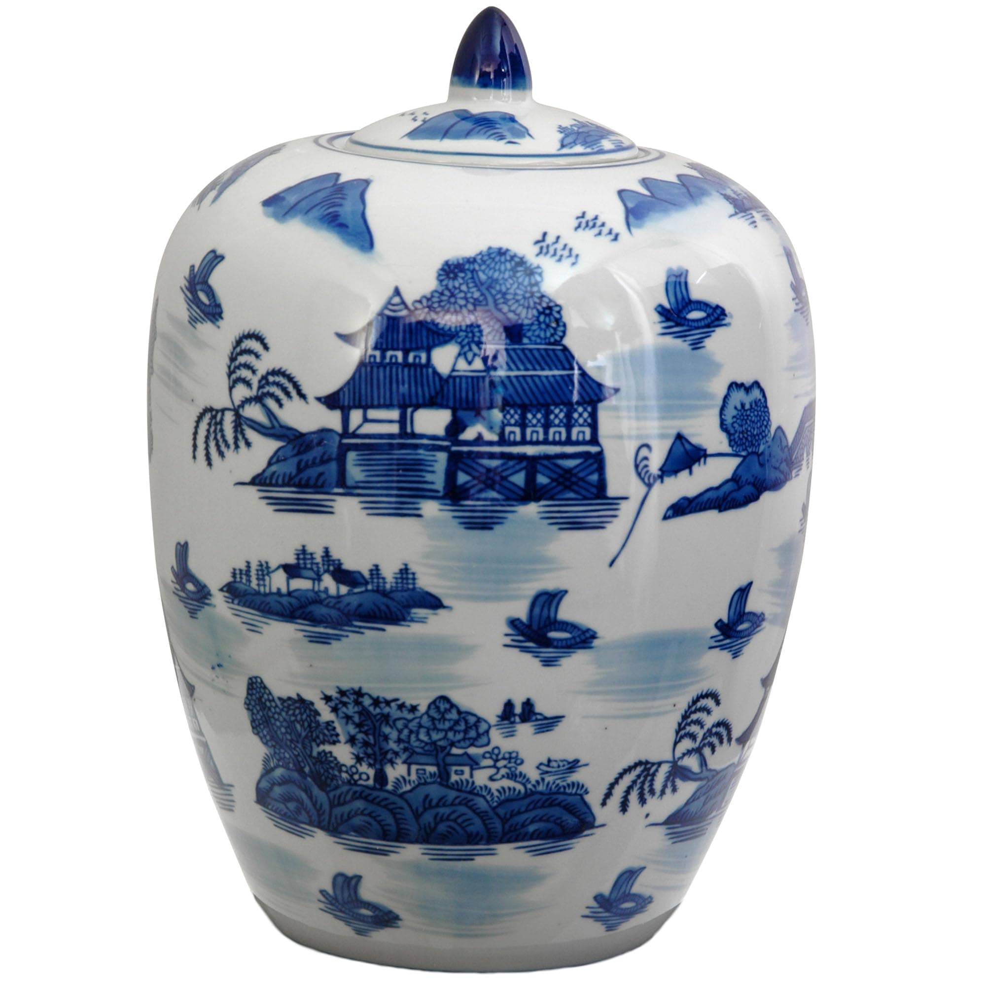 11" Landscape Blue & White Porcelain Vase Jar