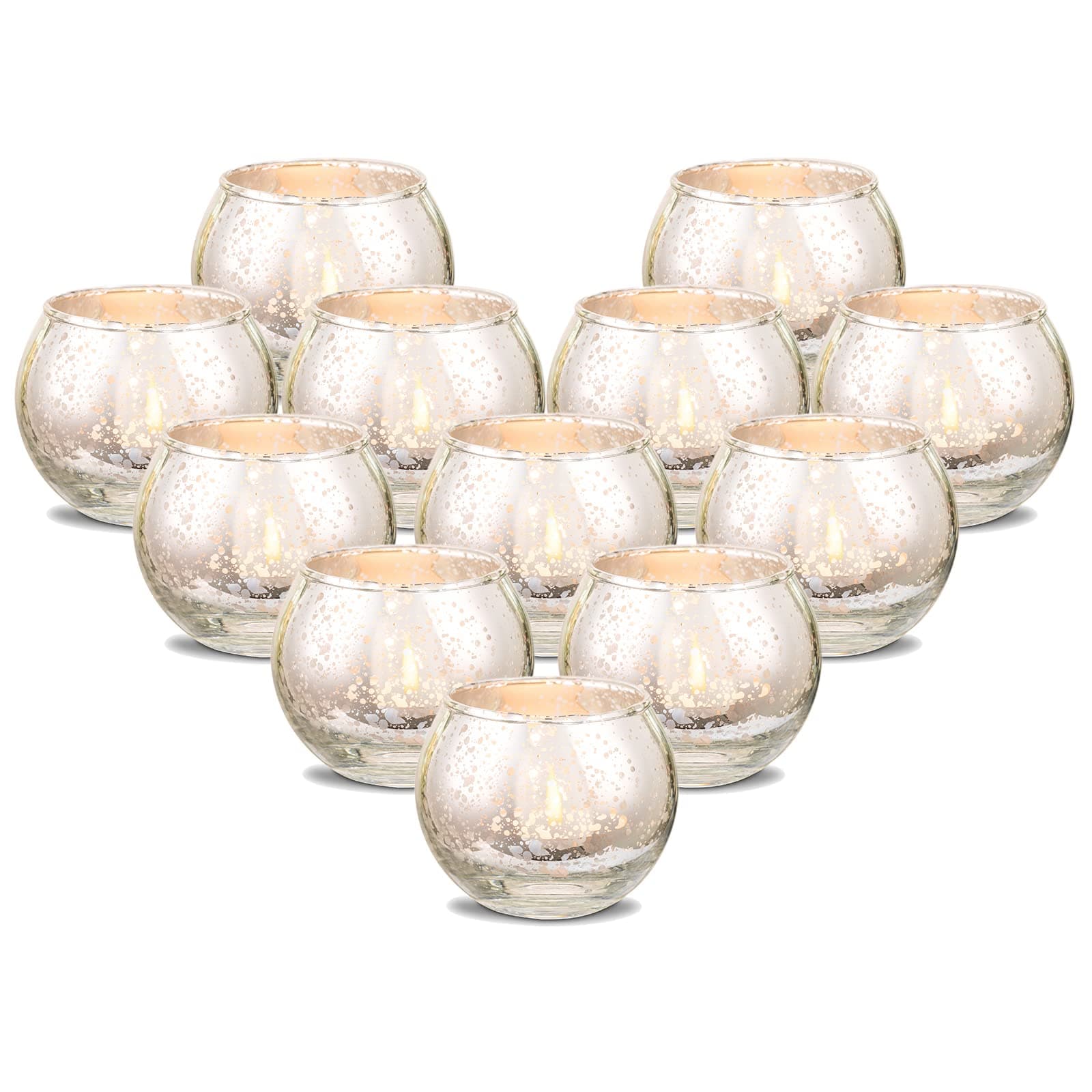 Romadedi Votive Candle Holder Silver- Set of 12 Round Tealight Holders Bulk Glass Mercury Table Centerpiece for Tea Light Floating Candles Wedding Party Decoration Christmas Home Decor
