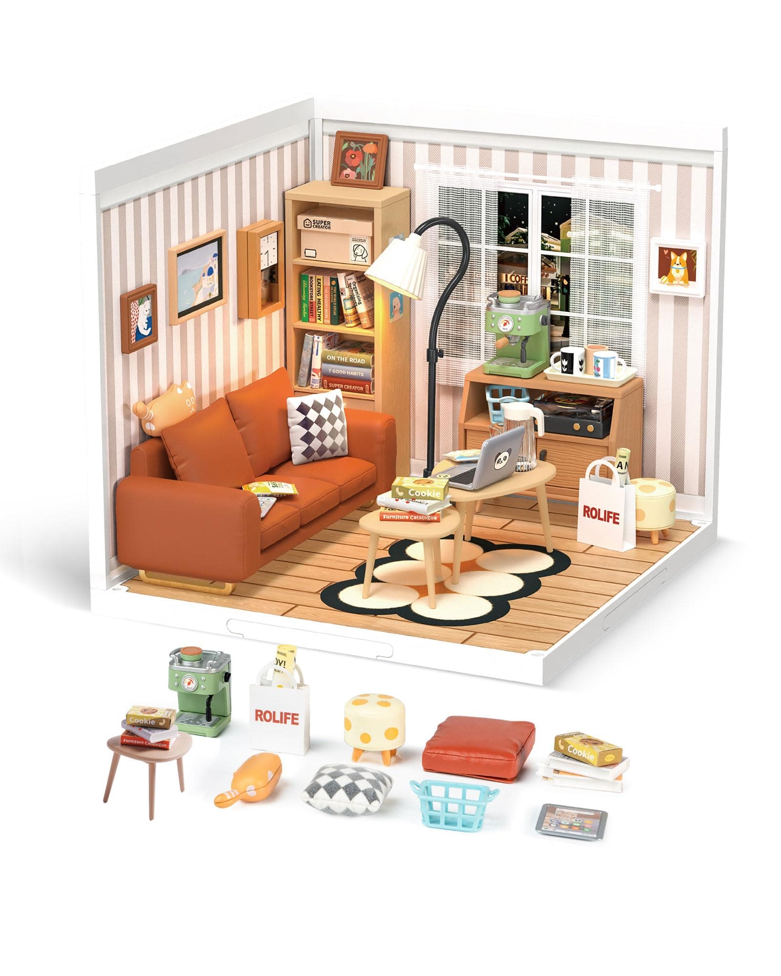 Rolife DIY Miniature Plastic House Building Set Toys Playset with LED Suitable for Mini Figures Construction Toys Diorama Kit Gifts for Adults (Cozy Living Lounge)