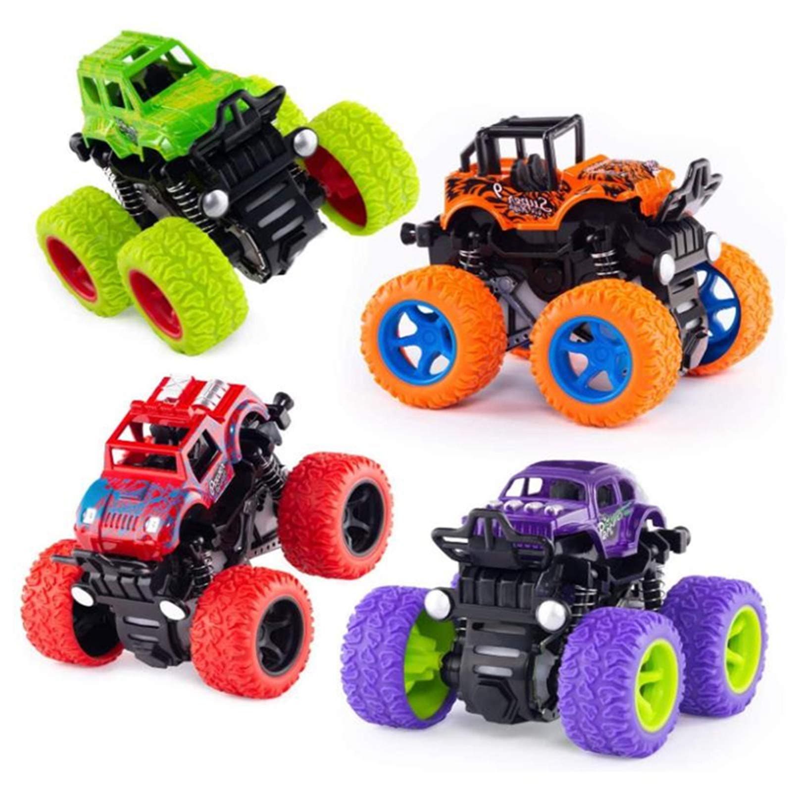 AM ANNA 4 Pack Monster Truck Toys for Boys and Girls, Inertia Car Educational Toy Cars, Friction Powered Push and Go Toy Cars, Christmas Gift Birthday Party Supplies for Toddlers Kids (4 Color)