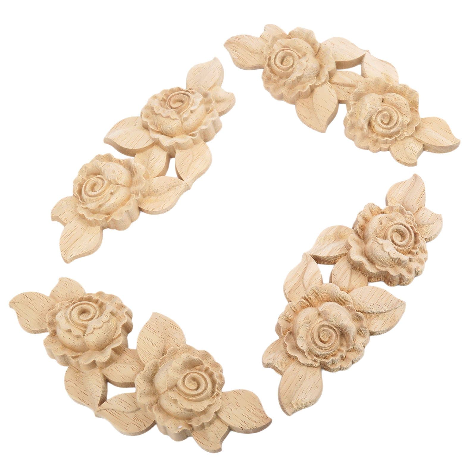 MUXSAM Rose Wood Carved Appliques Onlay, 4-Pack Unpainted Wooden Mini Decals for Cupboard Cabinet Wall Dresser Bed Mirror Mantels Fireplace Wardrobe Decor(16.5x7cm/6.5x2.76in)