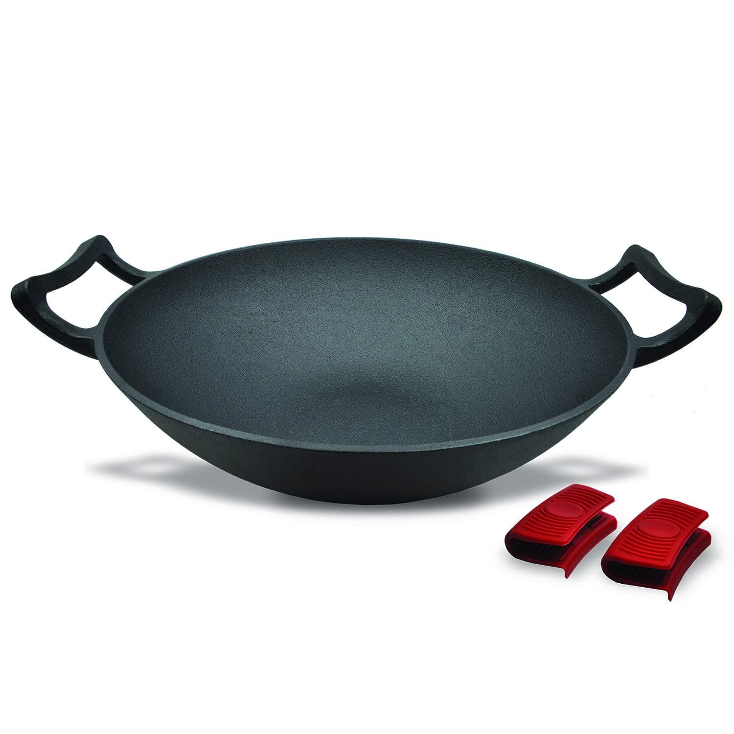 Pre-Seasoned Cast Iron Nonstick Hot Wok Burner Pan with Large Loop Handles - 13" Diameter, 5.5" Wider Flat Base - Includes silicone hot pan handle holders, Great for induction, gas,electric tops