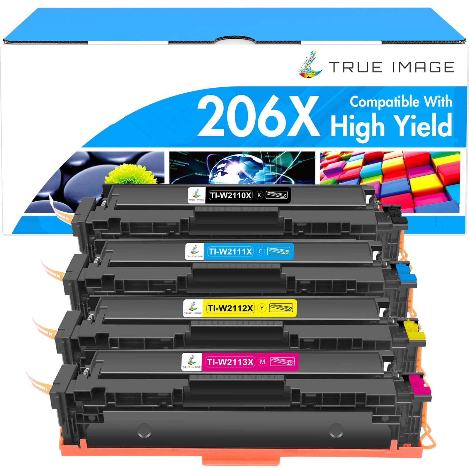 TRUE IMAGE Compatible Toner Cartridges Replacement for HP 206X 206A High Yield for HP Color Pro MFP M283fdw M283cdw M255dw M283 M255 Printer W2110A W2110X (No Chip -Black Cyan Yellow Magenta, 4-Pack)
