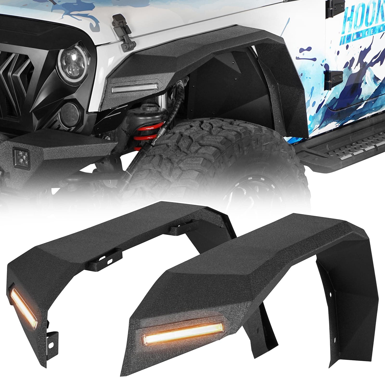 Hooke Road JK 8.7" Wide Flat Front Fender Flares for 2007-2018 Jeep Wrangler JK & JKU Unlimited 2 or 4 Doors, Steel Fenders with Turn Signal Lights DRL - 2 PCS