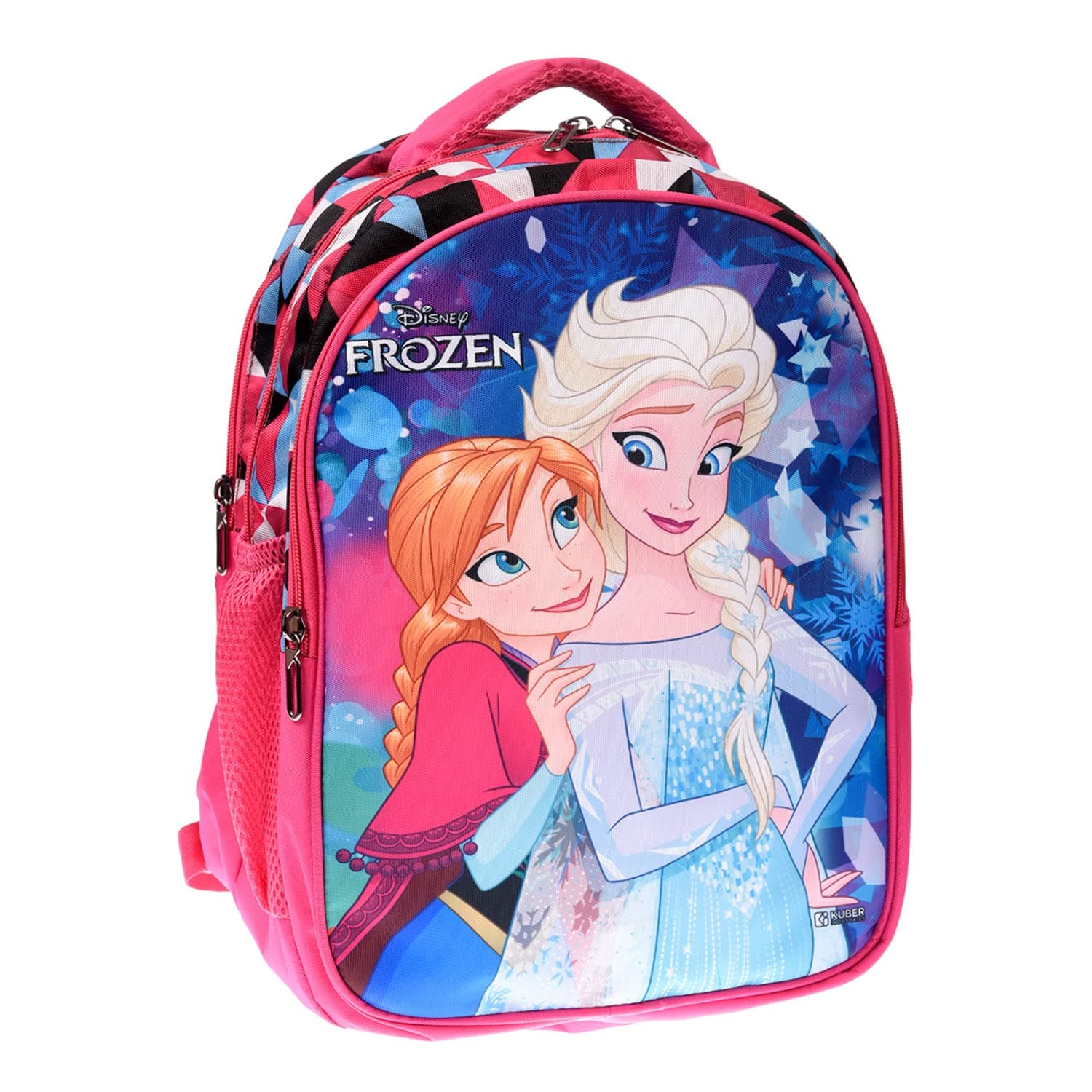 Kuber Industries Disney Frozen Water Resistant Stylish for Girls 12 Years/5-7 Years | with 3 Compartments, Side Pockets, Padded Shoulders | 15 Litre, 14 Inches | Large | Pink School Backpack