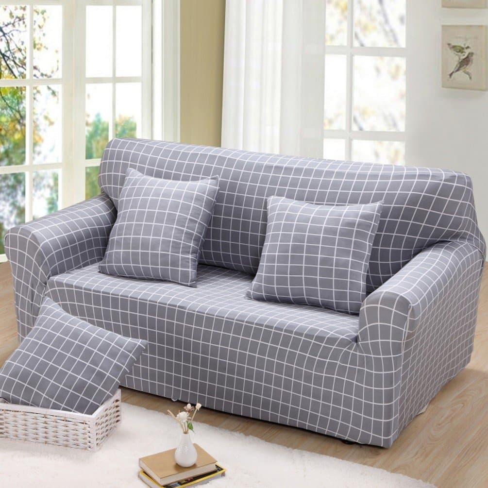 AbbeyTening Grey square lattice Sofa Slipcover Sofa Covers Chair Covers Three-Seater Protectors Couch Covers Featuring Soft Form Fit Slip Resistant 74-90 Inch