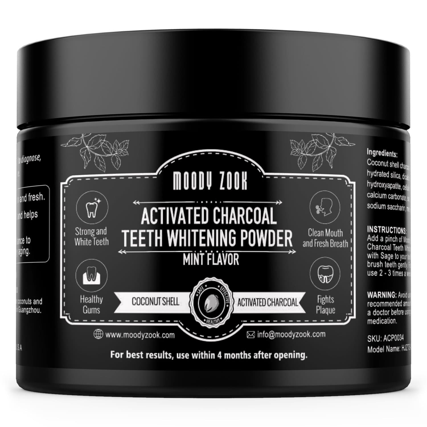 Moody Zook Charcoal Teeth Whitening Powder, 2.7 oz Organic Charcoal Toothpaste with Mint Flavor, Natural Activated Charcoal Powder made from Coconut shell