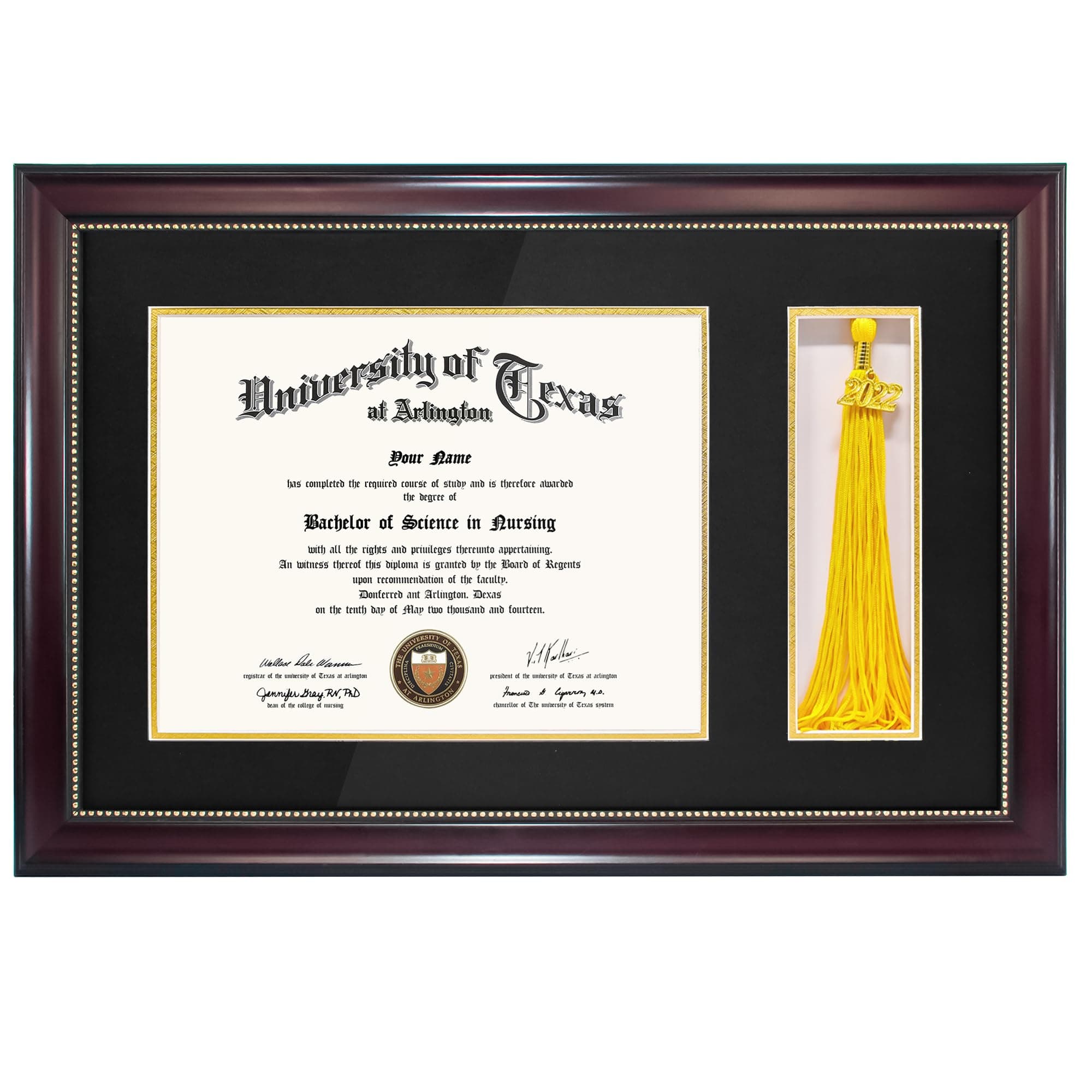 GraduationMall 11x17 Mahogany Diploma Frame with Tassel Holder for 8.5x11 Certificate Document,Real Glass, Black over Gold Mat