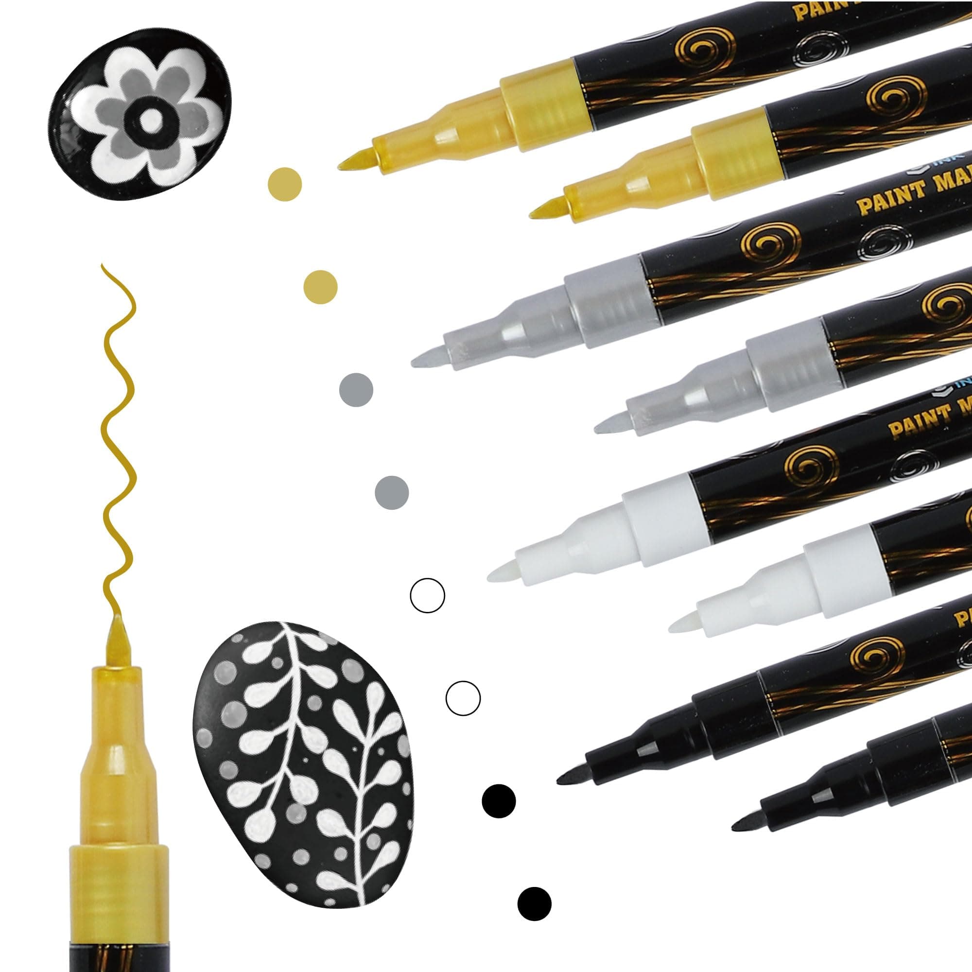 INK LAB 15 Pcs Acrylic Paint Markers Acrylic Markers Metallic for Stone Wood Glass Canvas Ceramic, 5 White 4 Black 3 Gold & 3 Silver, DIY Crafts Making Art Supplies