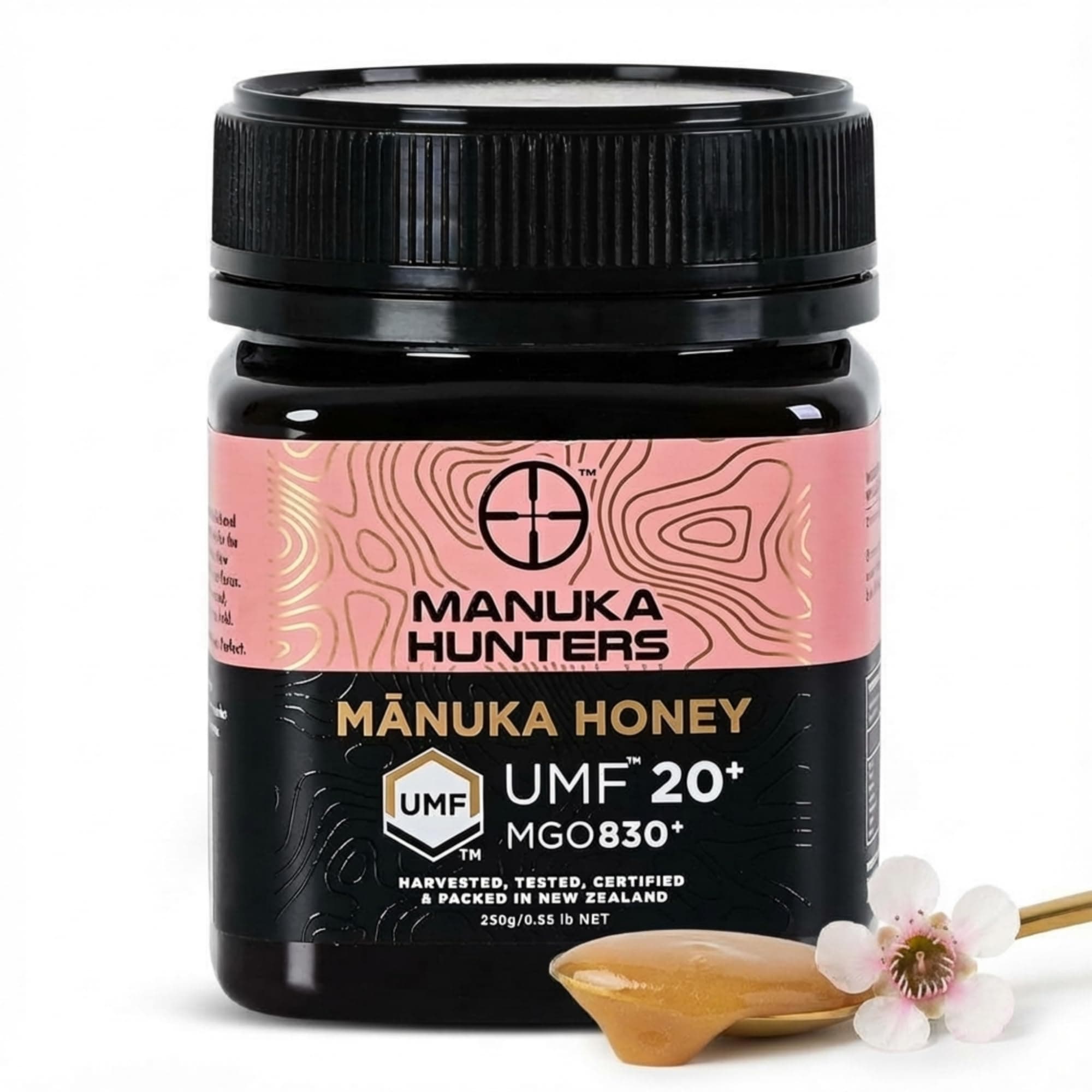 Manuka Hunters UMF 20+/MGO 830+ Certified New Zealand Manuka Honey - 100% Pure Natural Sweetener - Gluten, Dairy Free - Ideal for Tea, Coffee, Smoothies, and Baking - Sustainable - 8.8oz/250g Jar