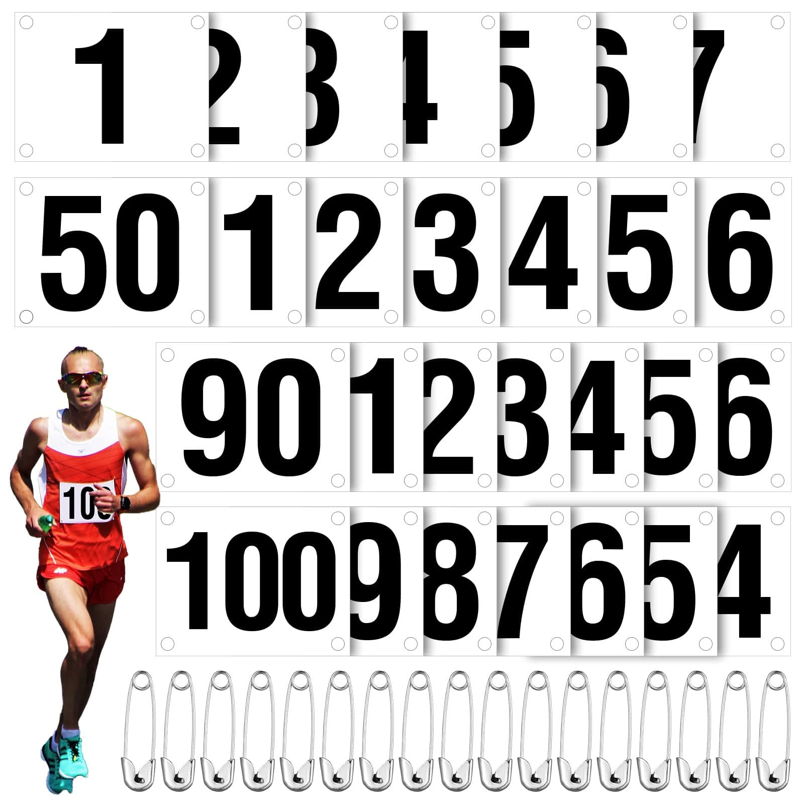Running Bib Numbers with Safety Pins for Marathon Sports Competition Events Tearproof Waterproof 6 x 7.5 Inch(1-100 Number,100 Pieces)